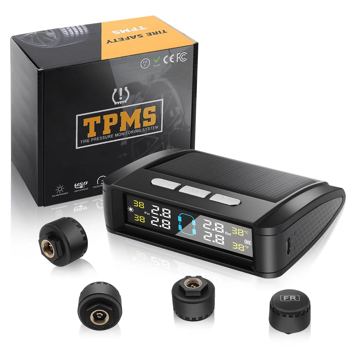 Geloo TPMS Sistema de Control de Presión de Neumáticos Solar con 4 Monitor Presion Neumaticos Impermeables IPX7, 0-5 Bar/0-87Psi 6 Funciones de Alarma para RV, Camión, Furgoneta, SUV