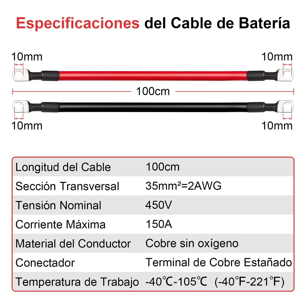 Cable Bateria Coche 35mm2, Cables Arranque Batería 2AWG 100cm, Alambre de Cobre Libre de Oxígeno, Corriente Máxima 150A, Tensión Nominal 450V, 35mm² Cable Inversor de Batería 12V 24V