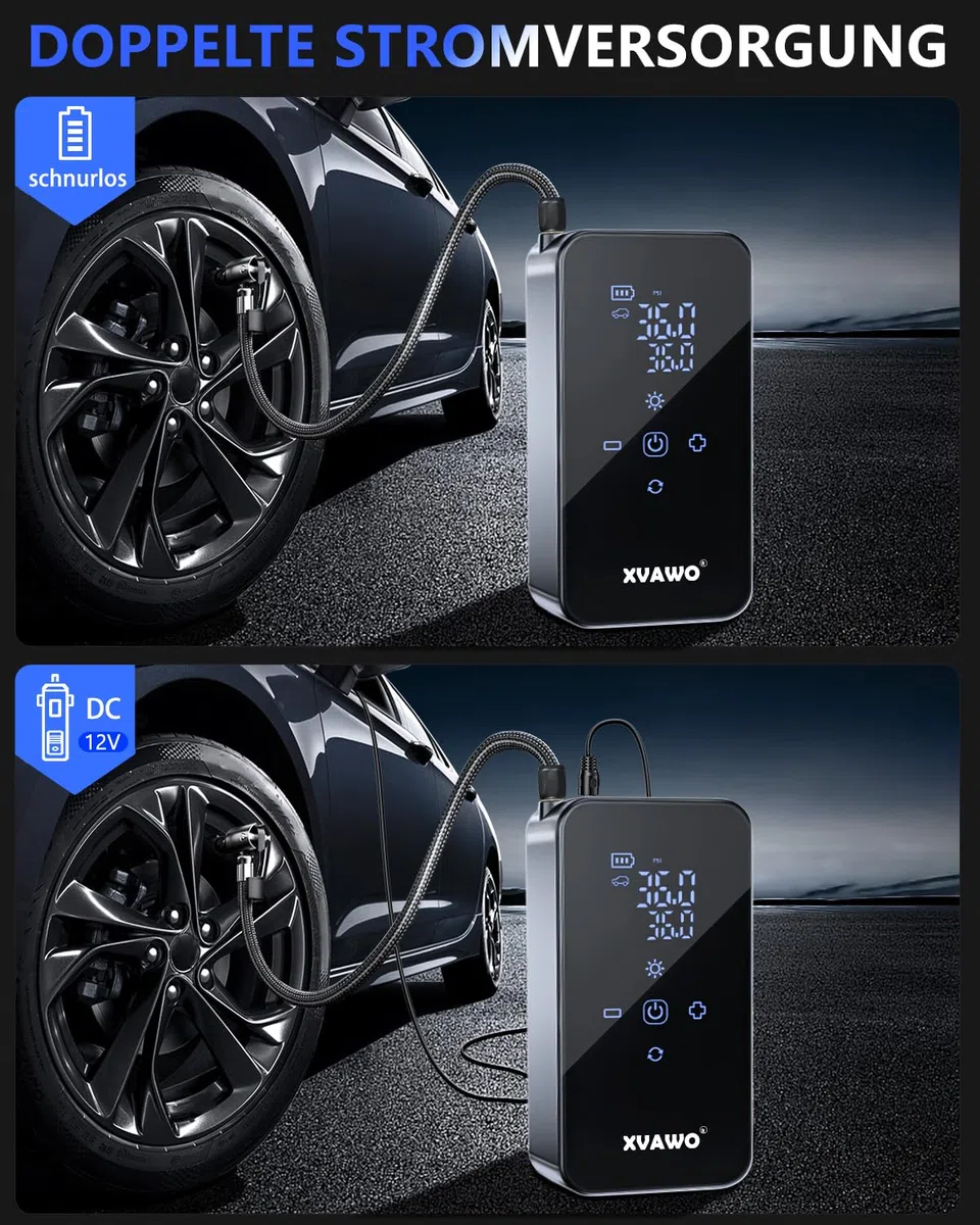 Compresor Aire Portatil 150PSI: Inflador Ruedas Coche con Batería | Hinchador Electrico Con Parada Automática Para Coche Moto Bicicleta y Balones