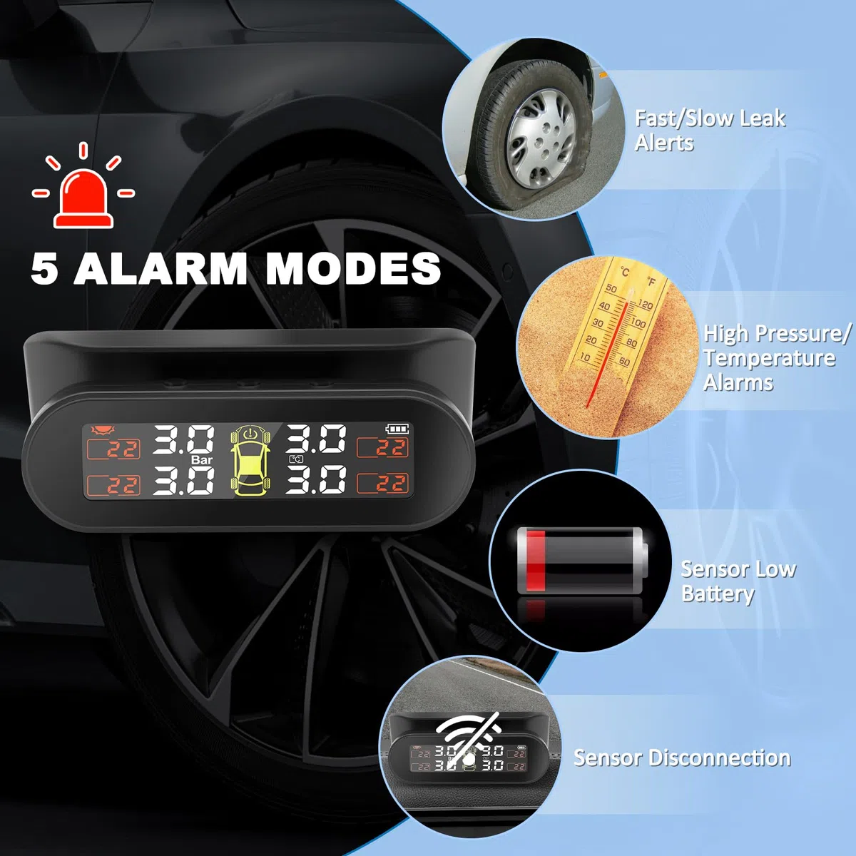 TPMS Sistema de monitoreo de presión de neumáticos, Carga Solar/USB, 4 Funciones de Alarma, con 4 Sensores Externos, para Auto, Sedan, SUV, Monovolúmenes etc