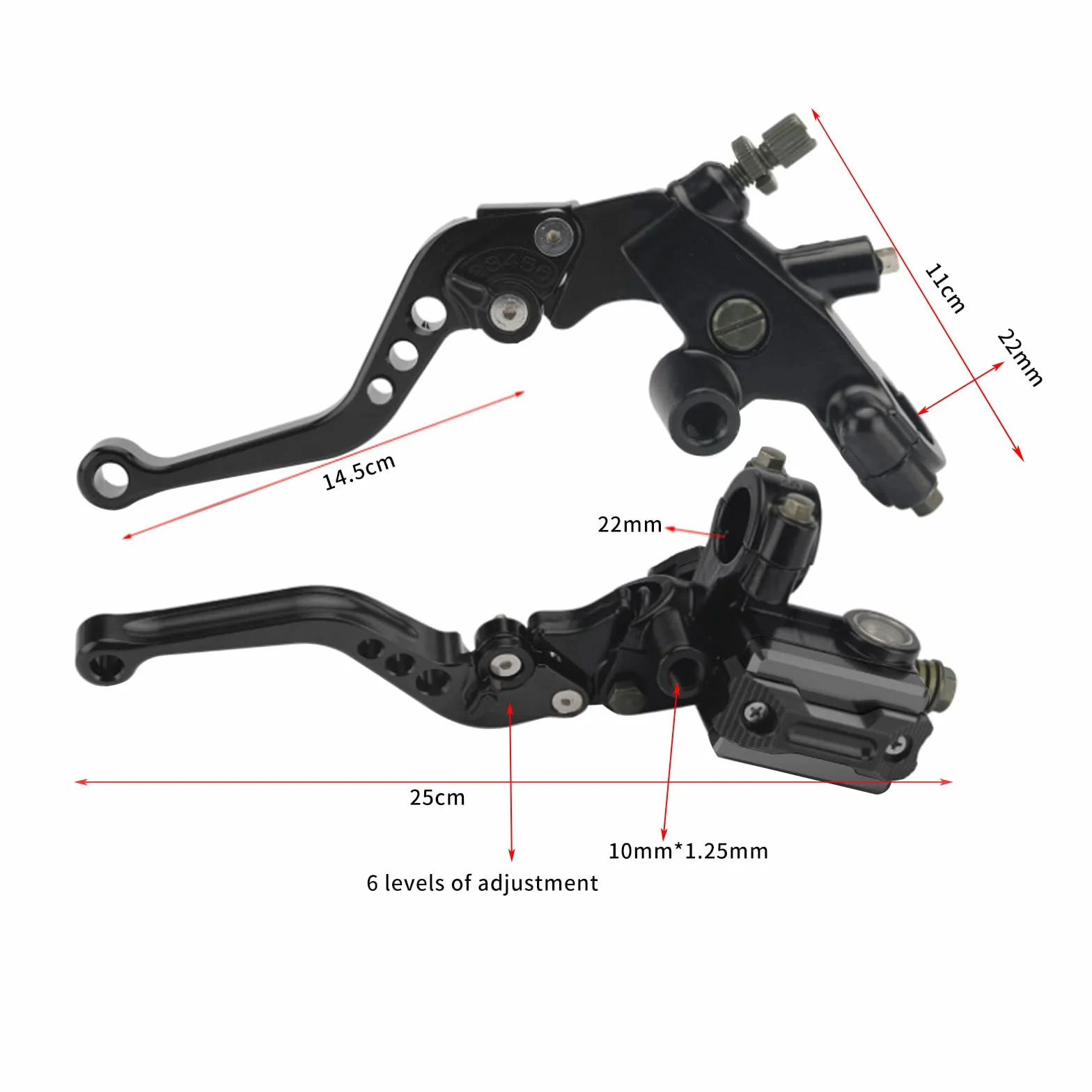 Kit Palanca Embrague Palanca Freno Motocicleta 7/8"Universal, Palancas Depósito del Cilindro Maestro Embrague Freno, Juego Palanca Embrague Manija Bomba Superior Freno Hidráulicamente Ajustable(Negro)