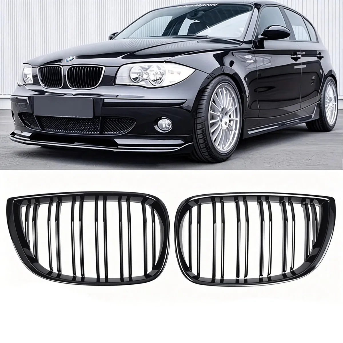 E81 E82 - Rejilla de radiador negra E87 para BMW Serie 1 E88 riñones parrilla brillante negro doble puente Sport 2004-2007 E81 E82 E87 E88 LCI-Facelift (para 1er E81 2004-2007 LCI)