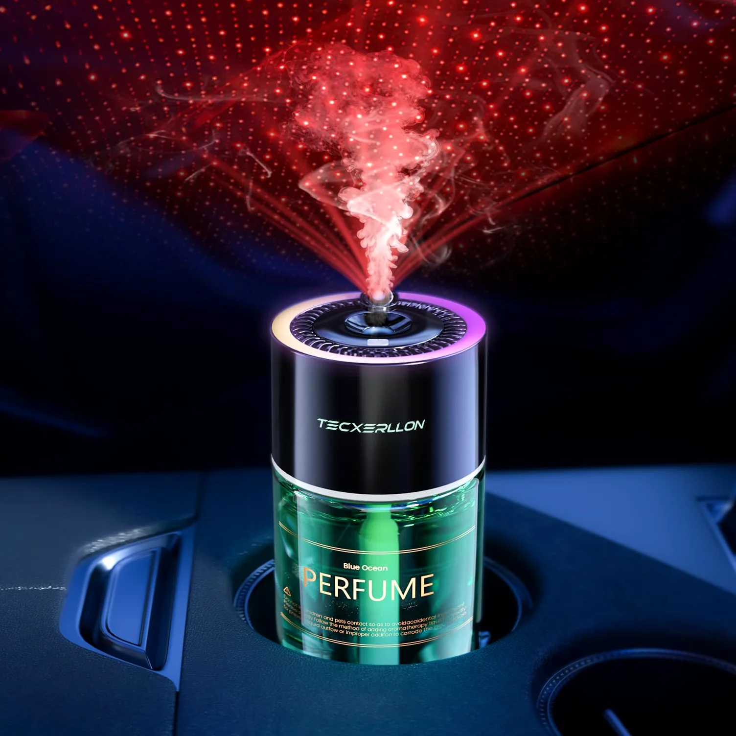 Difusor de Aroma para Coche con Luz RGB y Proyección Estrellada, 4 Modos de Fragancia, 120 Días de Uso, Recargable por USB-C, Auto Encendido/Apagado, Fragancia Oceánica, 120ML