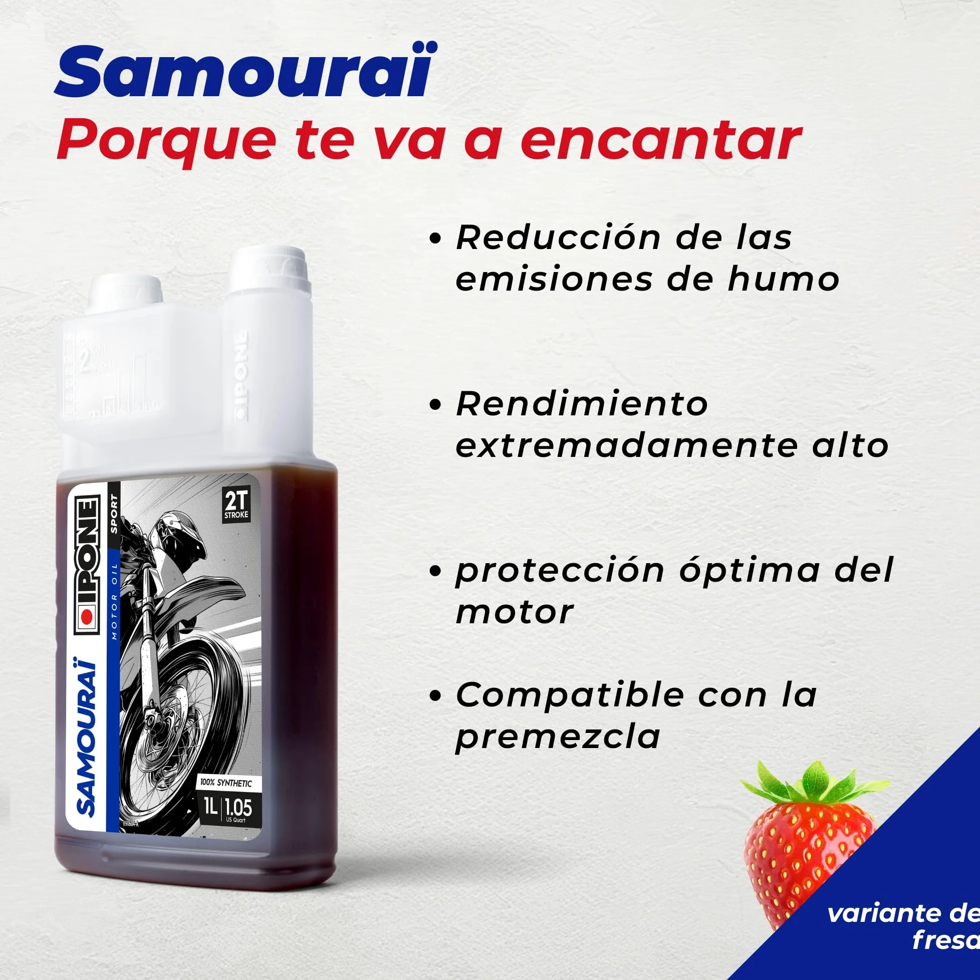 IPONE – Aceite de Motor para Moto 2 Tiempos Samouraï – Bidón dosificador 1 Litro - 100% sintético - Gama Sport - Altísimas prestaciones - Protección óptima del Motor - Uso Ocio y competición.