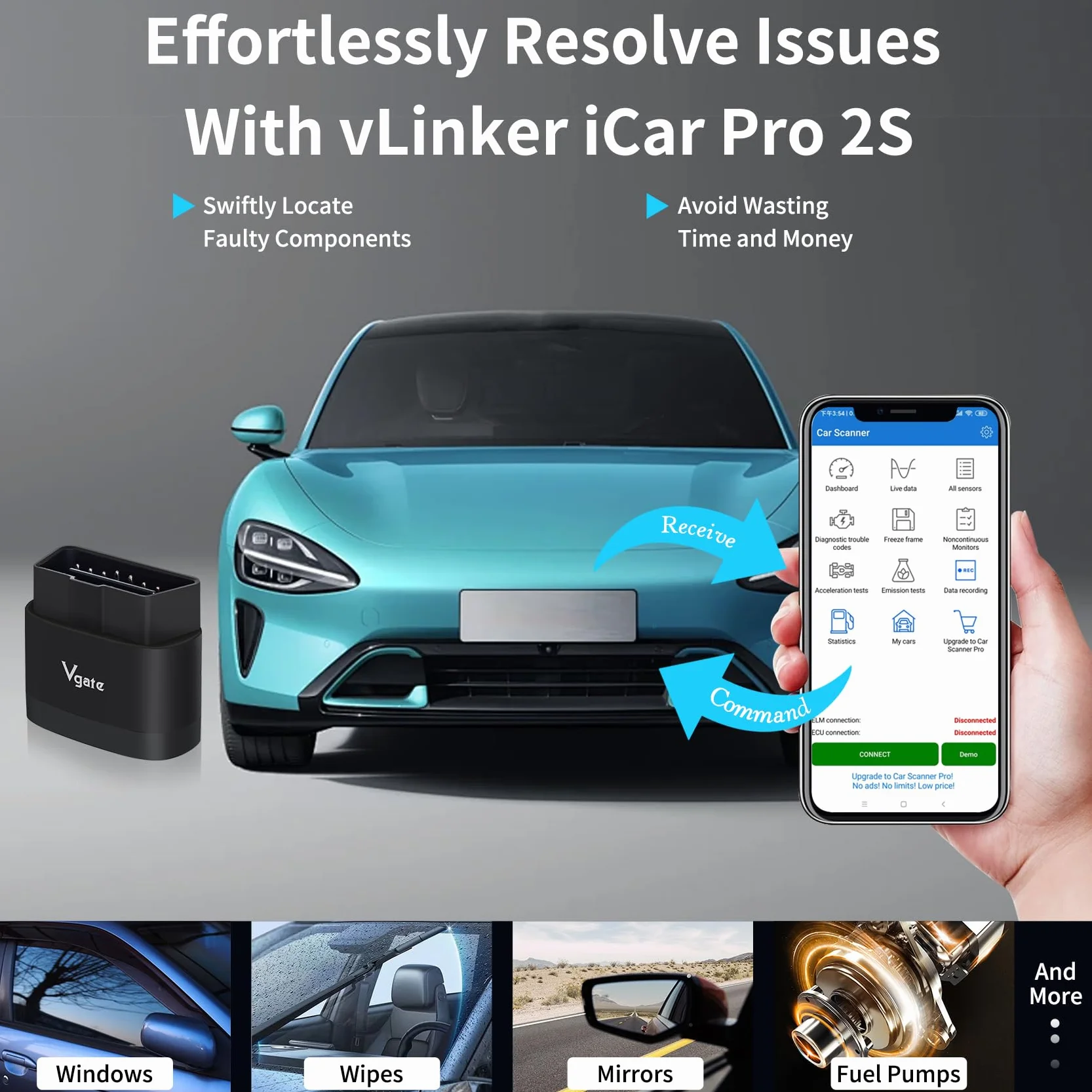 Vgate iCar Pro 2S OBD2 Bluetooth Adaptador Check Engine Vehicle Code Reader Herramientas de diagnóstico Scanner para iOS & Android y Windows Hecho para Electric (EV) y vehículos híbridos