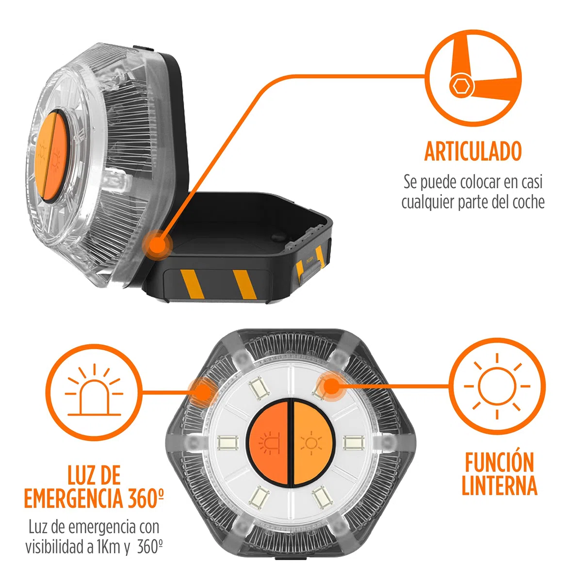 KSIX Luz de Emergencia V16 sin GPS para Coche y Moto con Linterna Led. Baliza de Señalización Luminosa Autónoma en Carretera con Base Magnética y Gancho Multiusos
