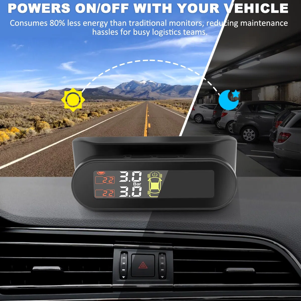 TPMS Sistema de monitoreo de presión de neumáticos, Carga Solar/USB, 4 Funciones de Alarma, con 4 Sensores Externos, para Auto, Sedan, SUV, Monovolúmenes etc