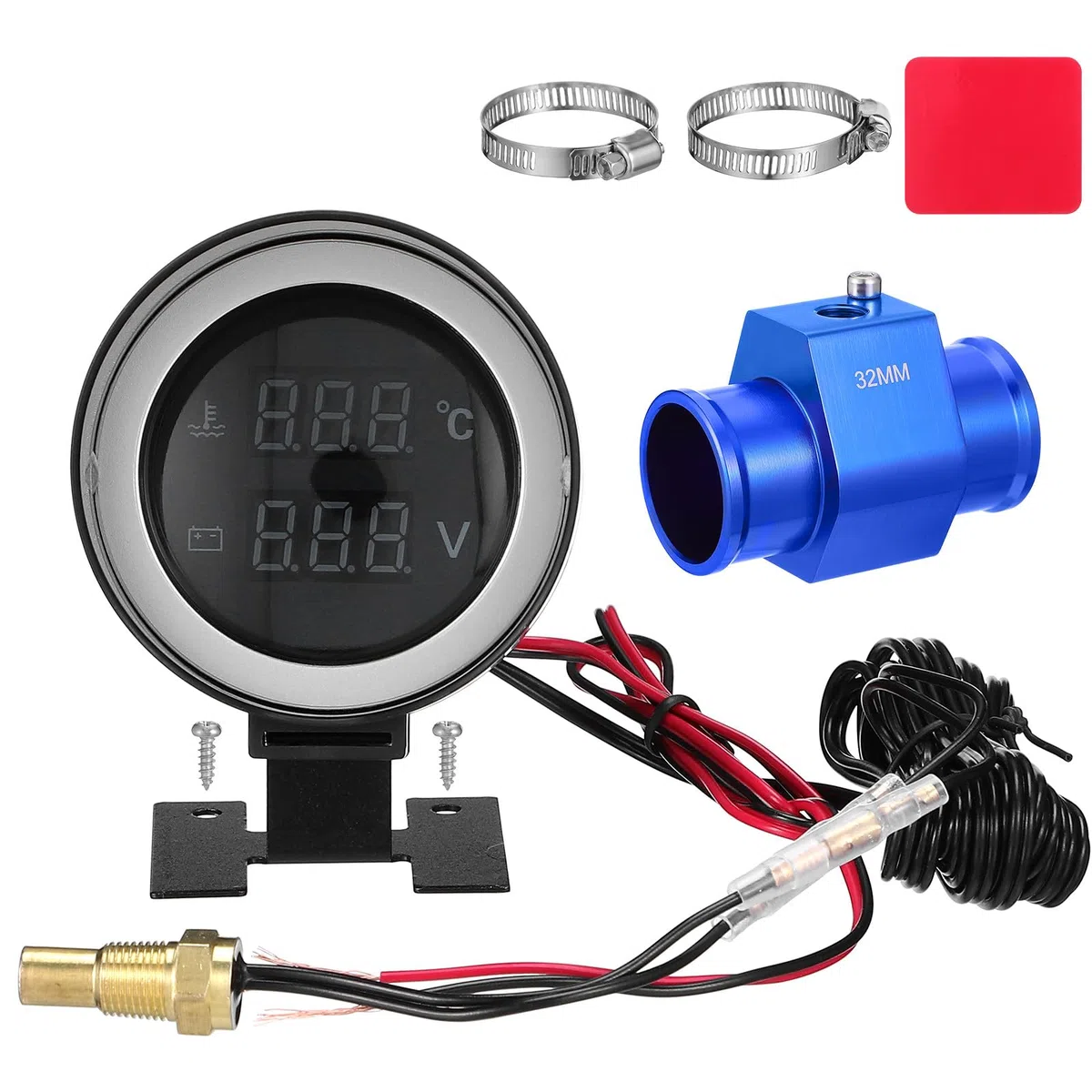 Happyyami Medidor Digital Multifunción para Temperatura Agua Y Voltaje Pantalla Led Redonda con Alarma Kit para Coche Y Moto Temperatura Coche para Control Motor Y Refrigerante