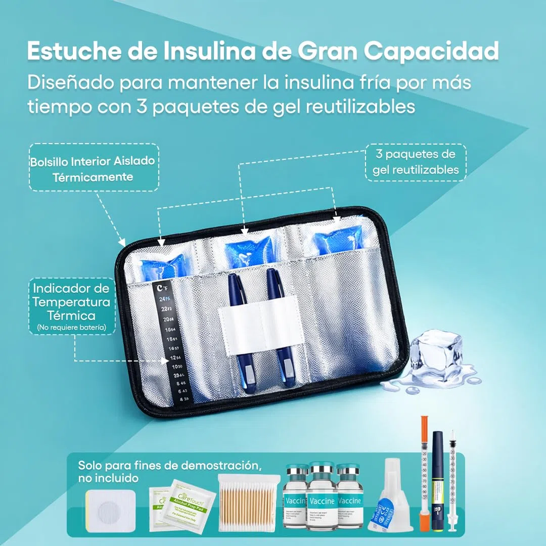 Nevera insulina viaje| estuche insulina| 3 bolsas refrigeradas de gel| nevera para insulina diabetes | Gran Capacidad de almacenamiento |cinta térmica indicador temperatura | ideal equipaje de mano.