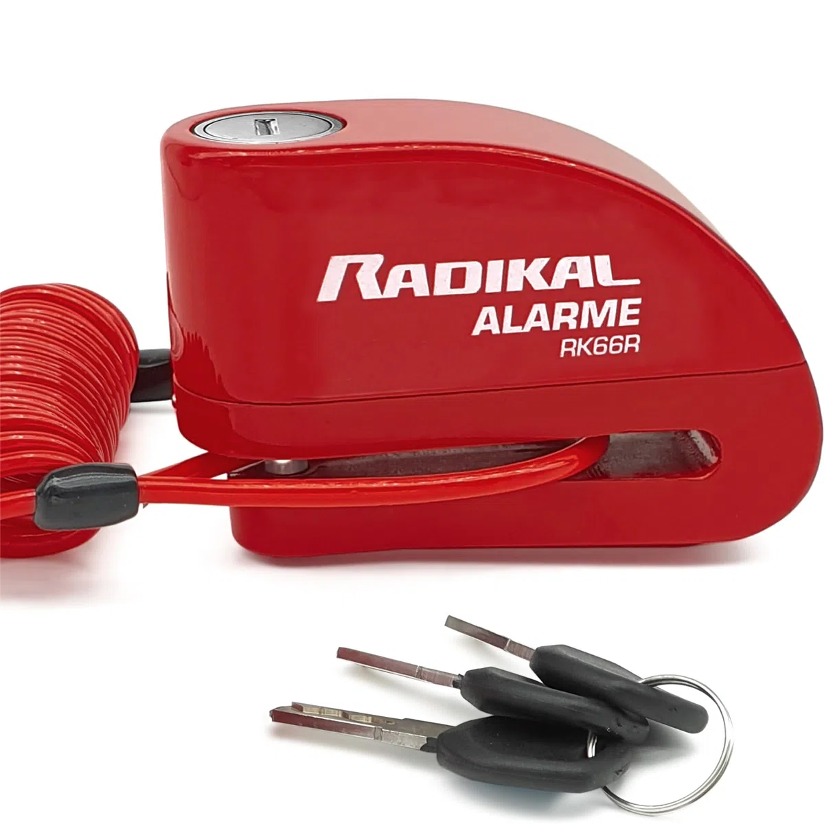 RADIKAL RK66R Candado Moto con Alarma 110dB, Antirrobo Moto Disco 3 Llaves (otros 2) Más Seguro y Disuasorio, Cerradura Seguridad, Accesorios Cable Pilas Bolsa, Cepo Pinza Freno Bloqueo 6mm Universal
