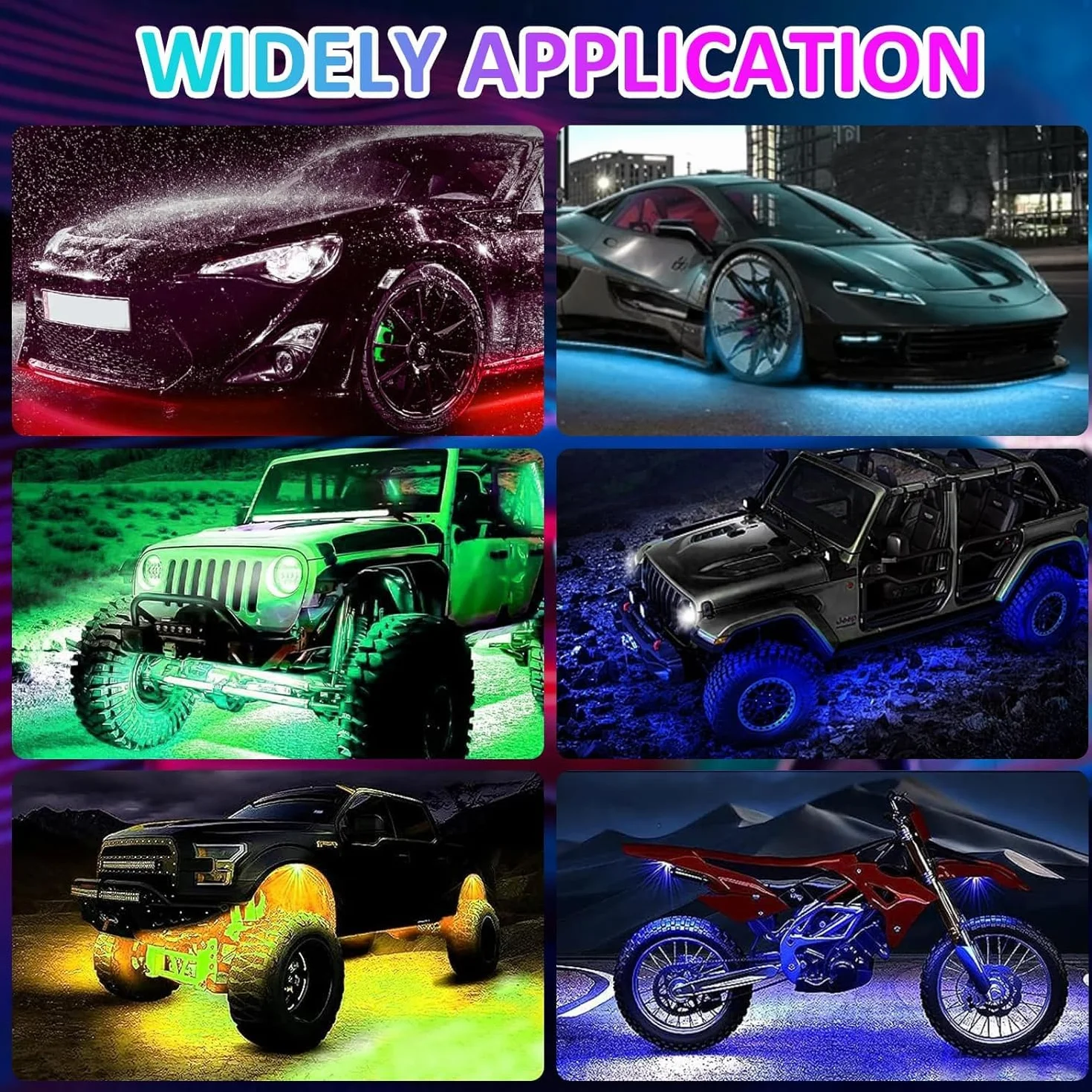 YUGUANG Kit de 4 Luces Underglow para Coche, Control por APP Multicolor Kit de Luces Underglow Sincronización Musical Tiras de Luz RGB Underbody Impermeables para Coches Camiones SUVs.
