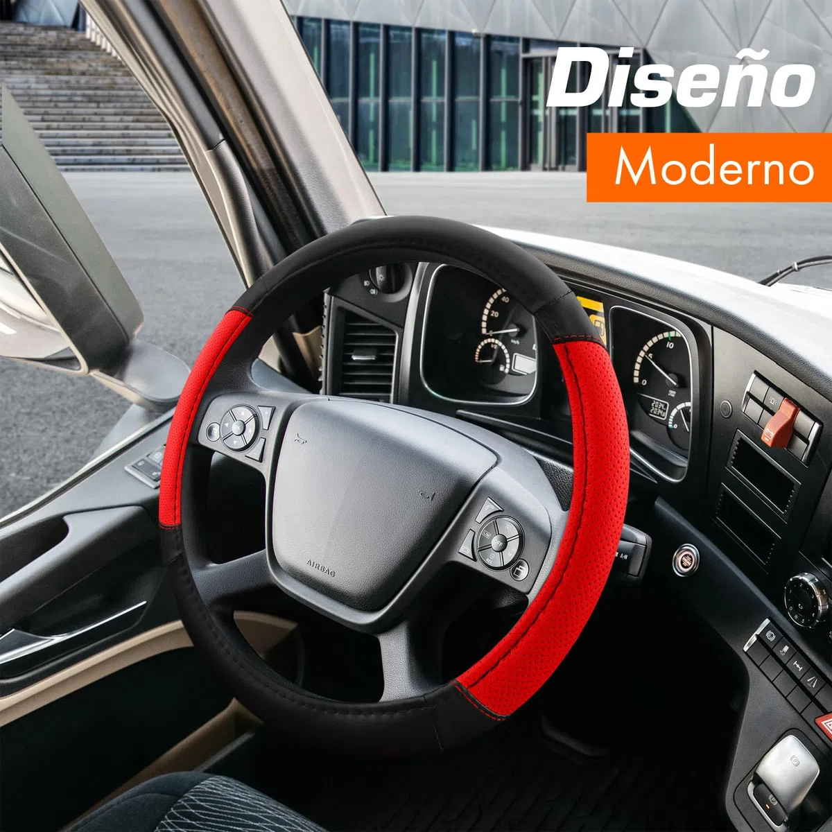 Upgrade4cars Funda Volante Camion 44-46 cm Universal Negro Rojo Poli-Piel | Cubre Furgoneta Accesorios Coche Interior Decoracion Cubierta | Ideas Regalos