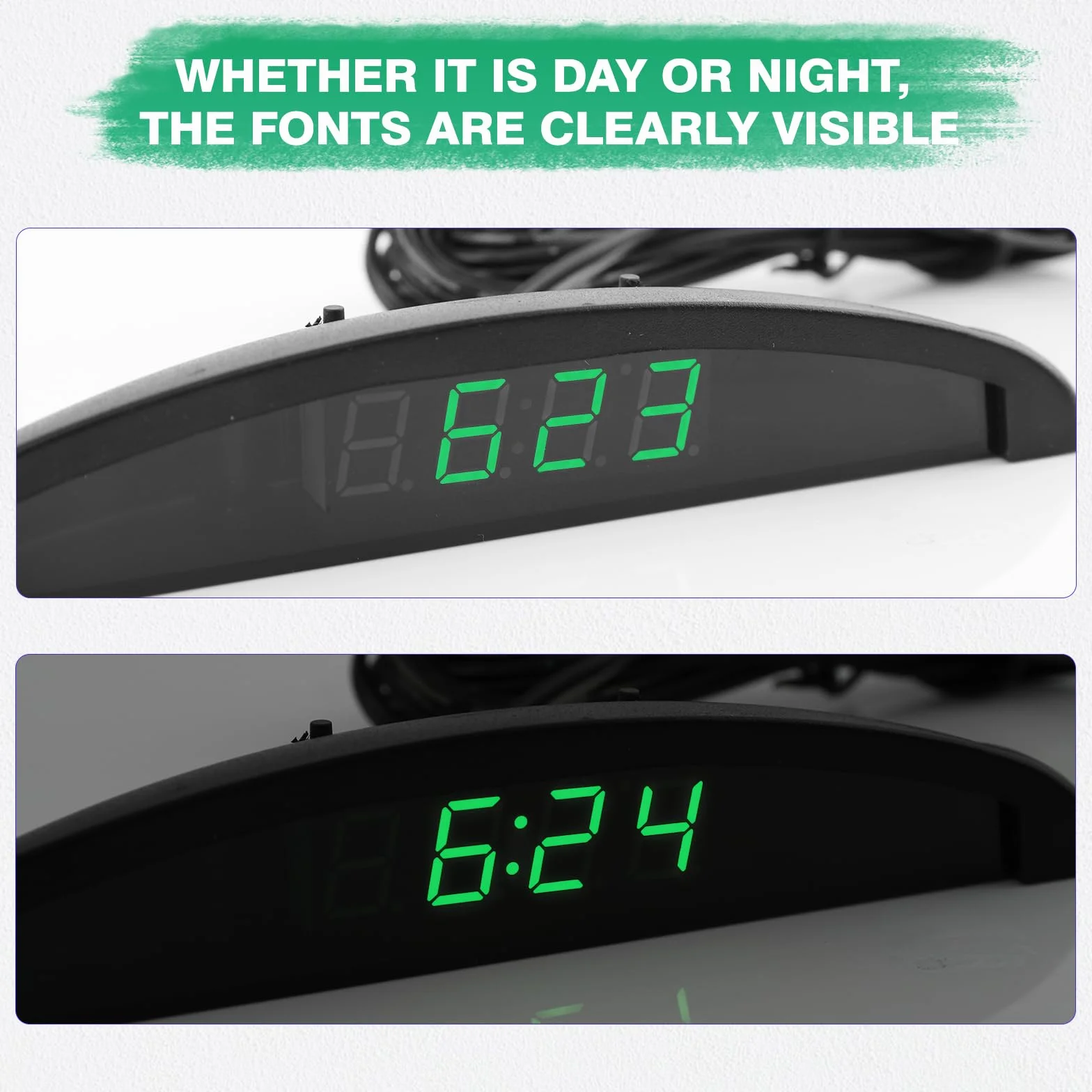 Riloer Reloj de Temperatura del Automóvil, Voltaje del Termómetro del Reloj Digital del Tablero de Instrumentos Automático Universal con Pantalla LCD para el Interior del Automóvil, Verde
