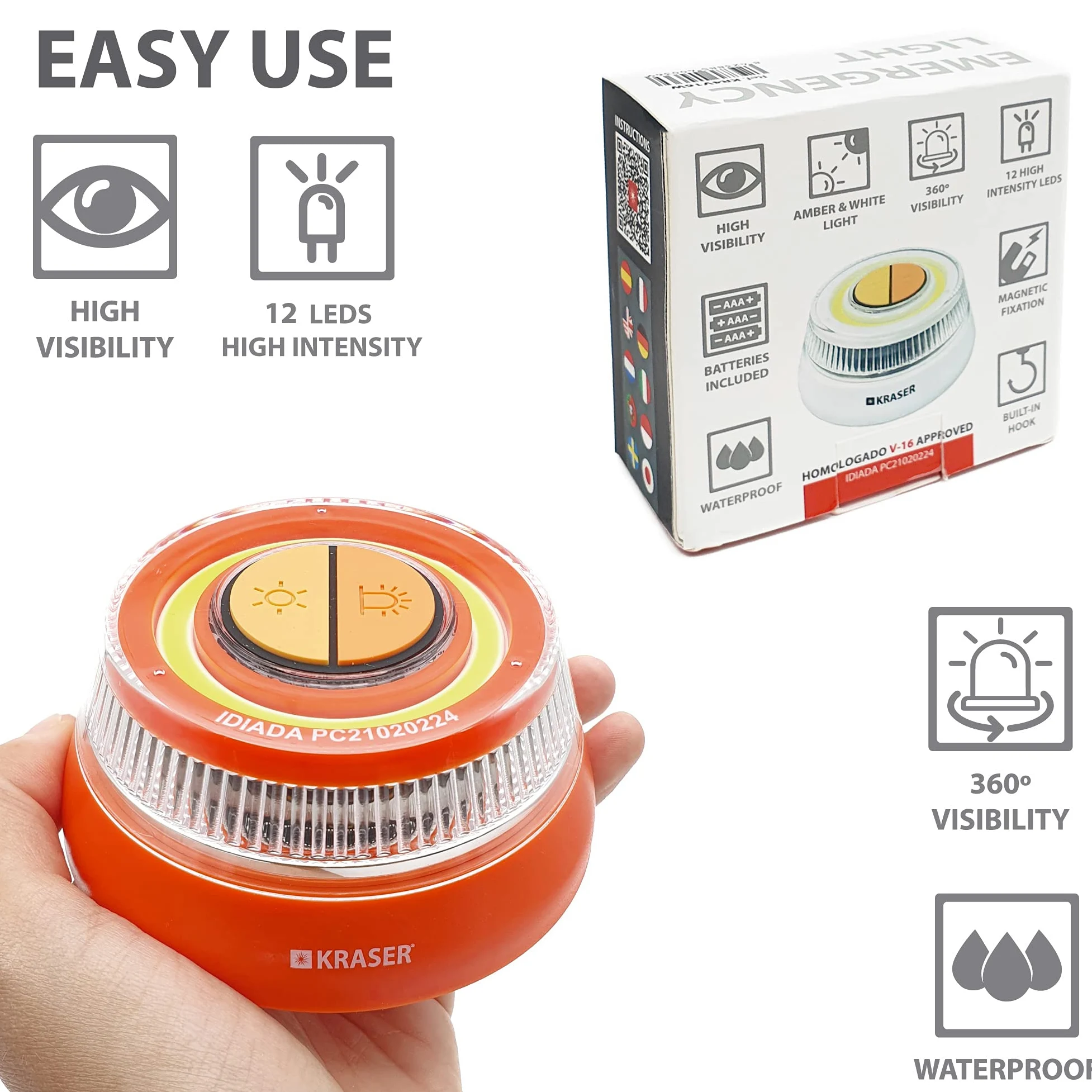 KRASER KR4V16NP2 Pack 2 Luz Carretera Naranja, Holomogada DGT LED Intensidad, Baliza Luminosa de Emergencia Imantada, Autónoma, Pilas Incluídas, Compacta Linterna con Colgador