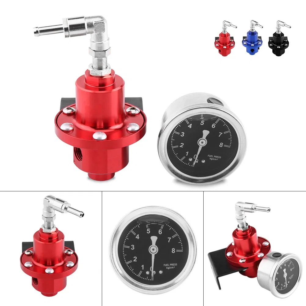 Yctze Regulador de presión de combustible FPR ajustable de aluminio universal con manómetro para automóvil(rojo) regulador de gasolina aem