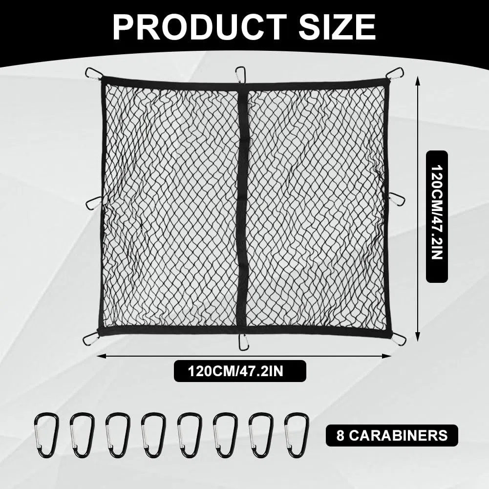 Red de equipaje altamente elástica para camionetas, 120 x 120 cm (extensible hasta 210 x 210 cm) con 8 mosquetones de acero, red para maletero de coche, fijación de equipaje para camiones, coches