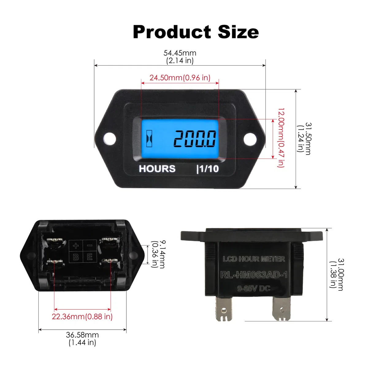 Medidor de horas digital LCD CC de 9 V a 65 V con retroiluminación azul, impermeable, almacenamiento de datos, uso para autocaravana, cortacésped, limpiador de motos de nieve