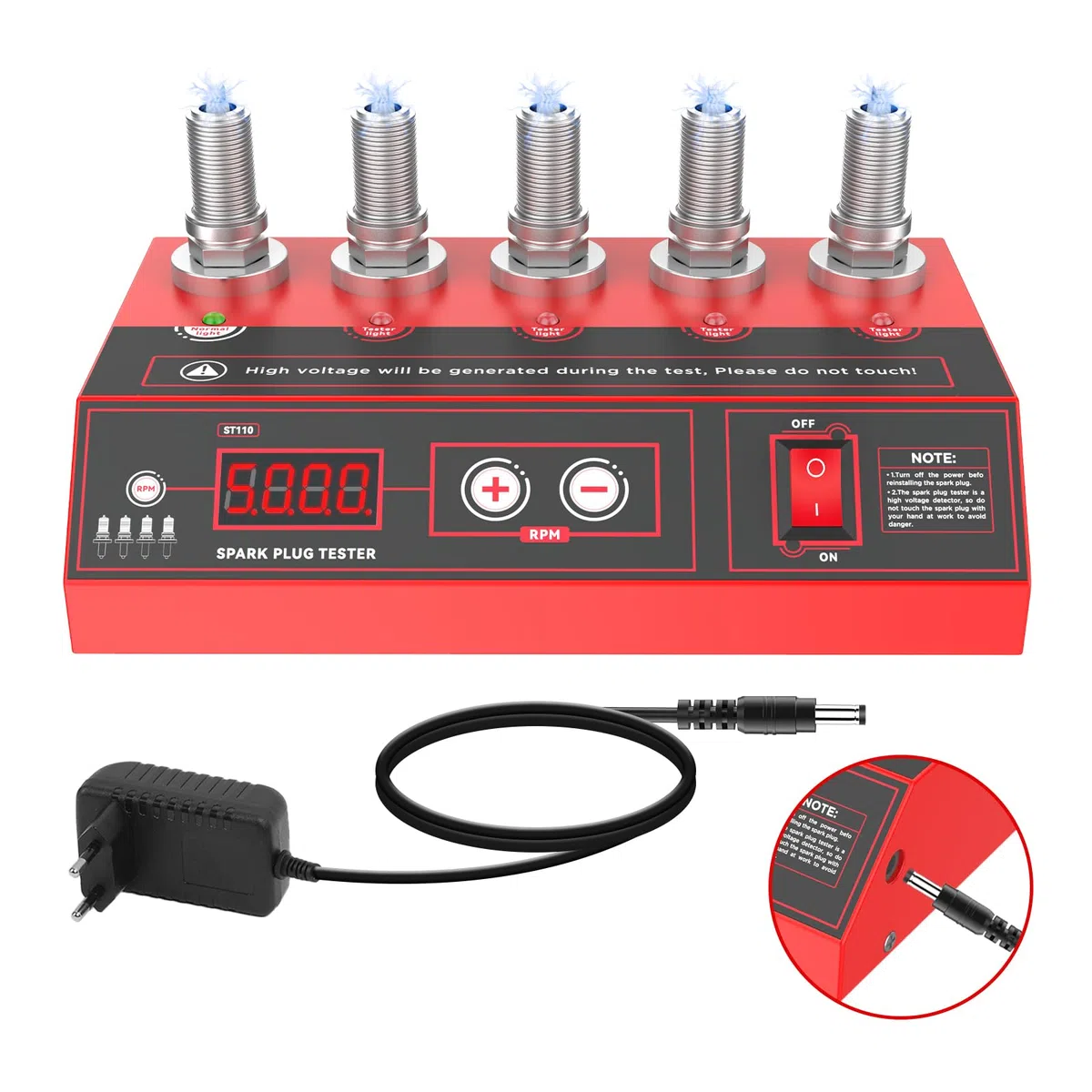 MRCARTOOL Comprobador de Bujías de Automóvil Analizador de Bujías con 5 Orificios de Prueba de 12mm y Pantalla LCD, Frecuencia Ajustable 200-9000RPM, para Vehículos de 12V, Bujía NGK y Platino