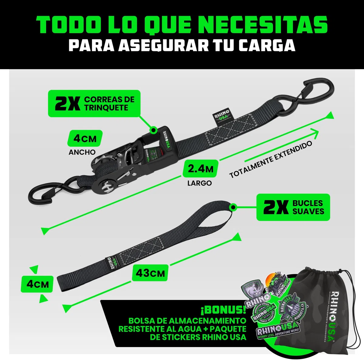 Rhino USA Kit Correas de Amarre Servicio Pesado (Paqeute de 2) 4cmx2,4m (2000kg de Resistencia a la Rotura) - Cinchas Fijación Últimas con Ganchos de Seguridad para Camionetas, ATV, UTV, Motos - Azul