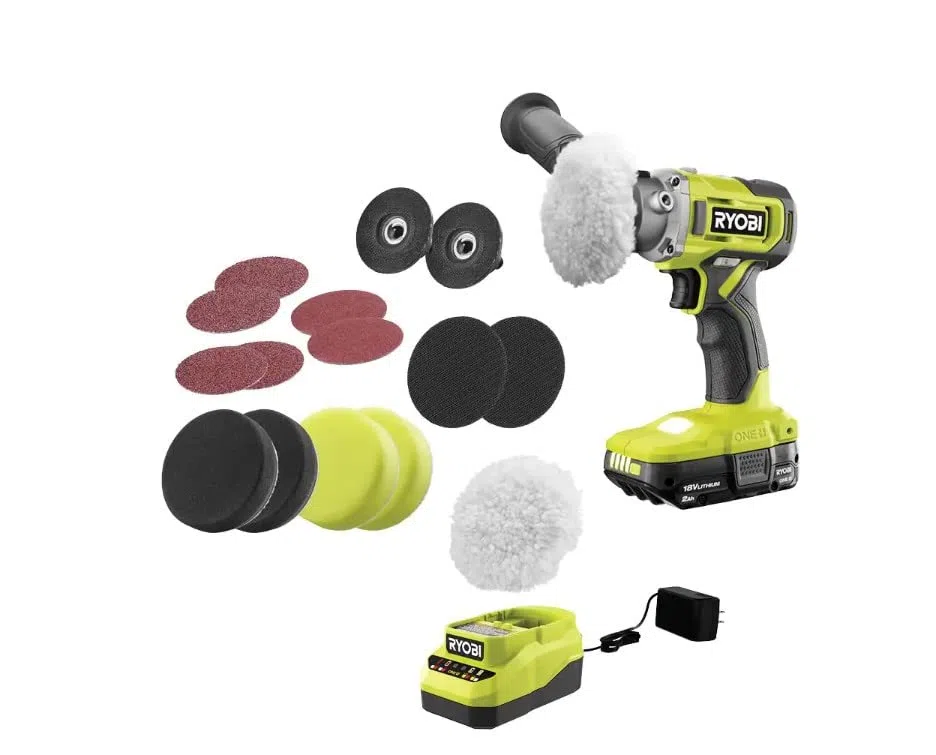 ONE+ - Kit de pulidor/lijadora inalámbrica de 18 V con batería de 2.0 Ah, cargador y juego de accesorios de pulidor/lijadora de 8 piezas