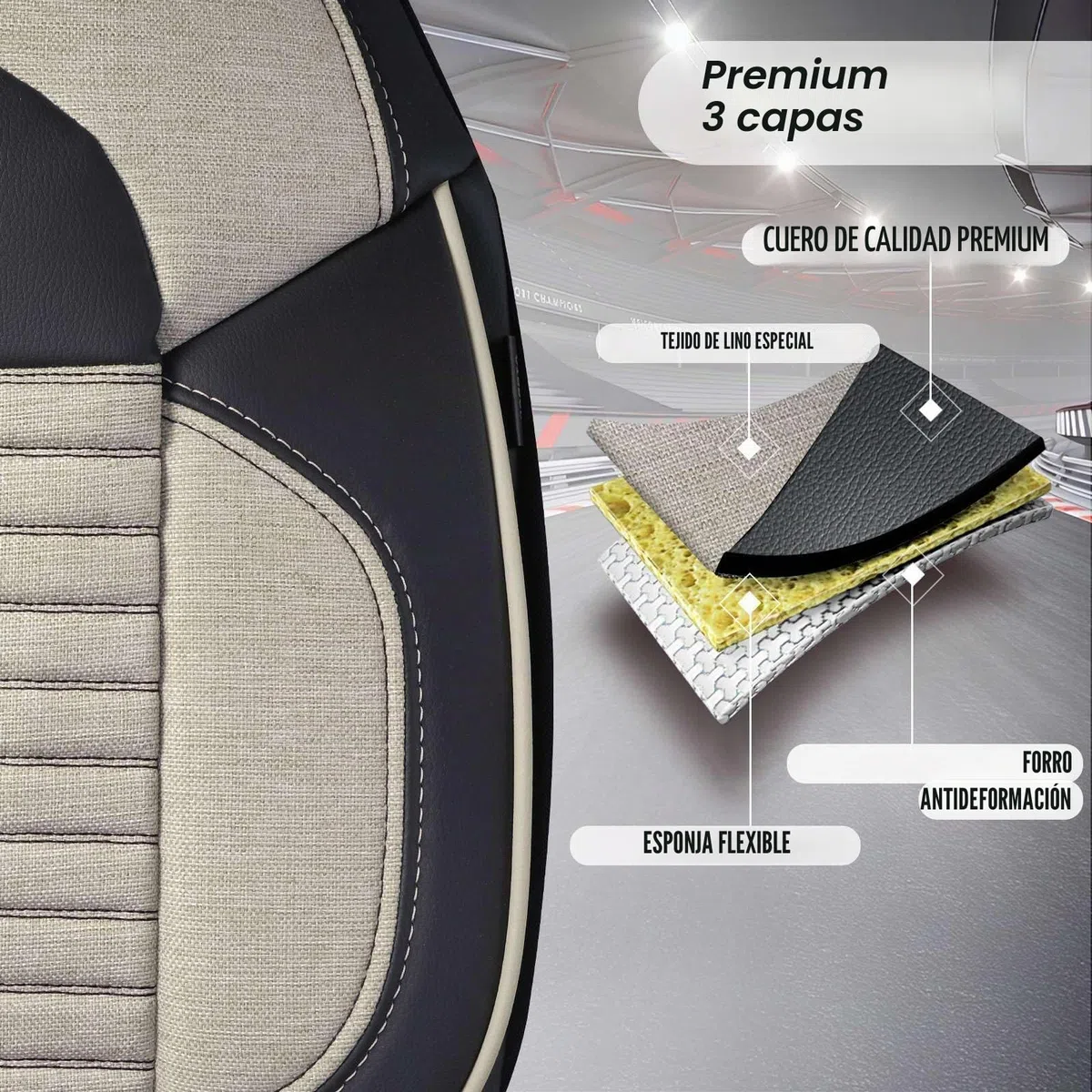 Fundas de Asiento Camper en Lino, compatibles Fiat Ducato, Citroën Jumper, Peugeot Boxer, Asientos Delanteros Conductor & acompañante, Camper & Caravana, Arena-Negro
