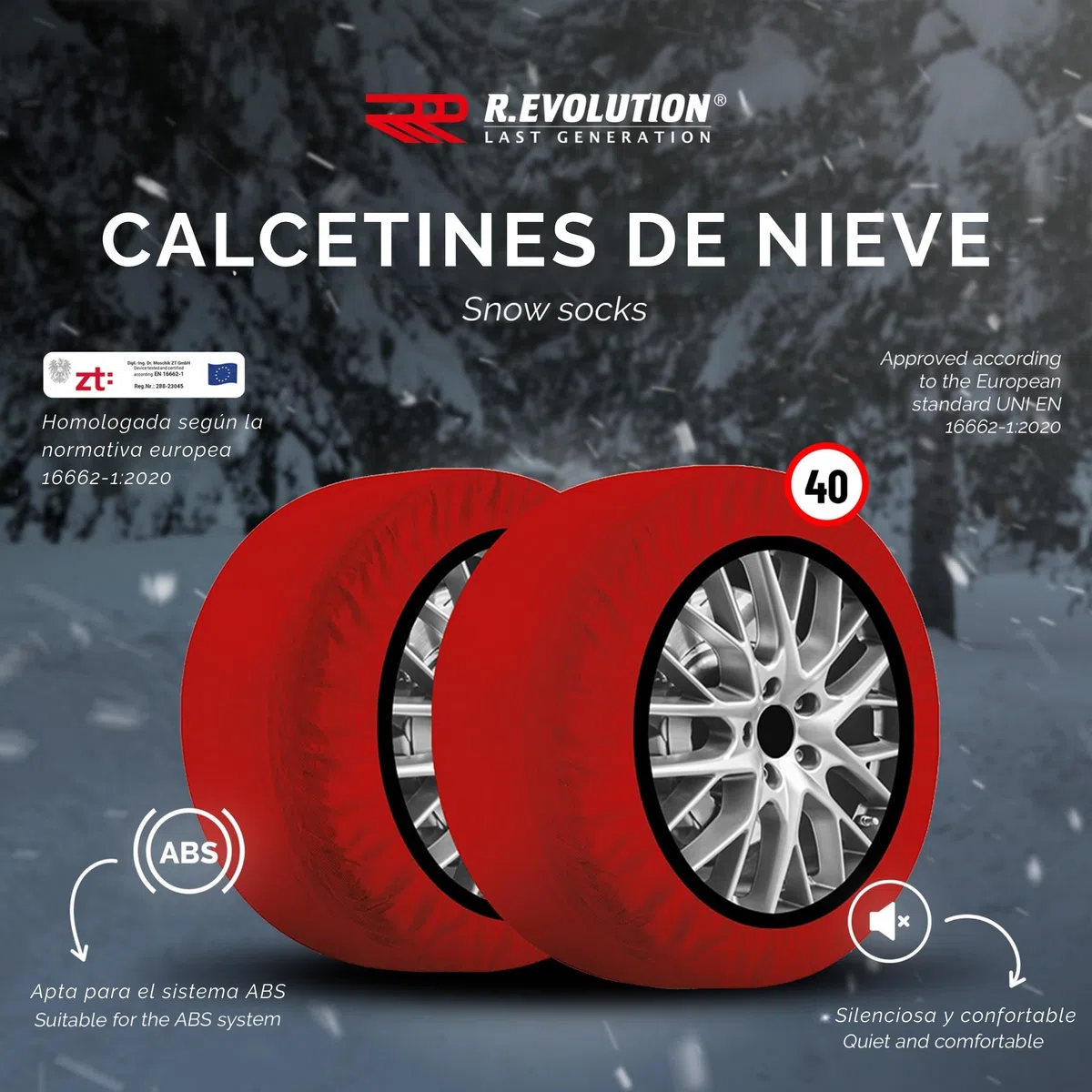 Calcetines de nieve homologados para Italia, R.Evolution Snow Socks, 2 calcetines de nieve, tallas S a XXL