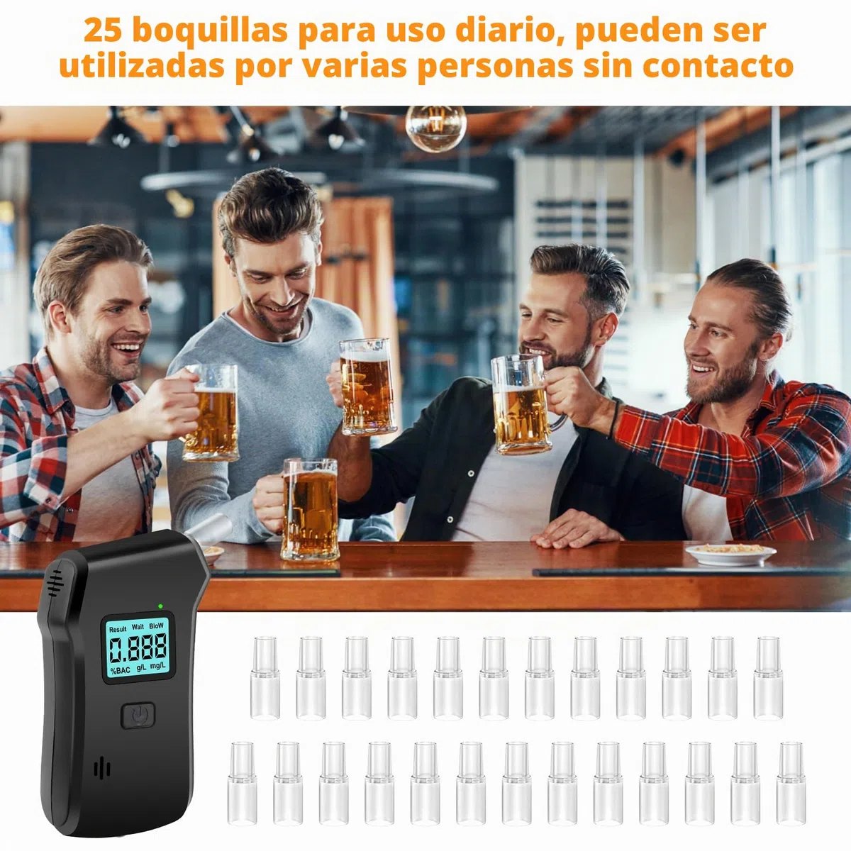 NVIYAM Alcoholimetro Homologado DGT, Alcoholimetro con Pantalla Digital LCD, Profesional Portátil de Alcohol con 25 Boquillas, Alcoholímetro para Uso Doméstico y en Fiestas