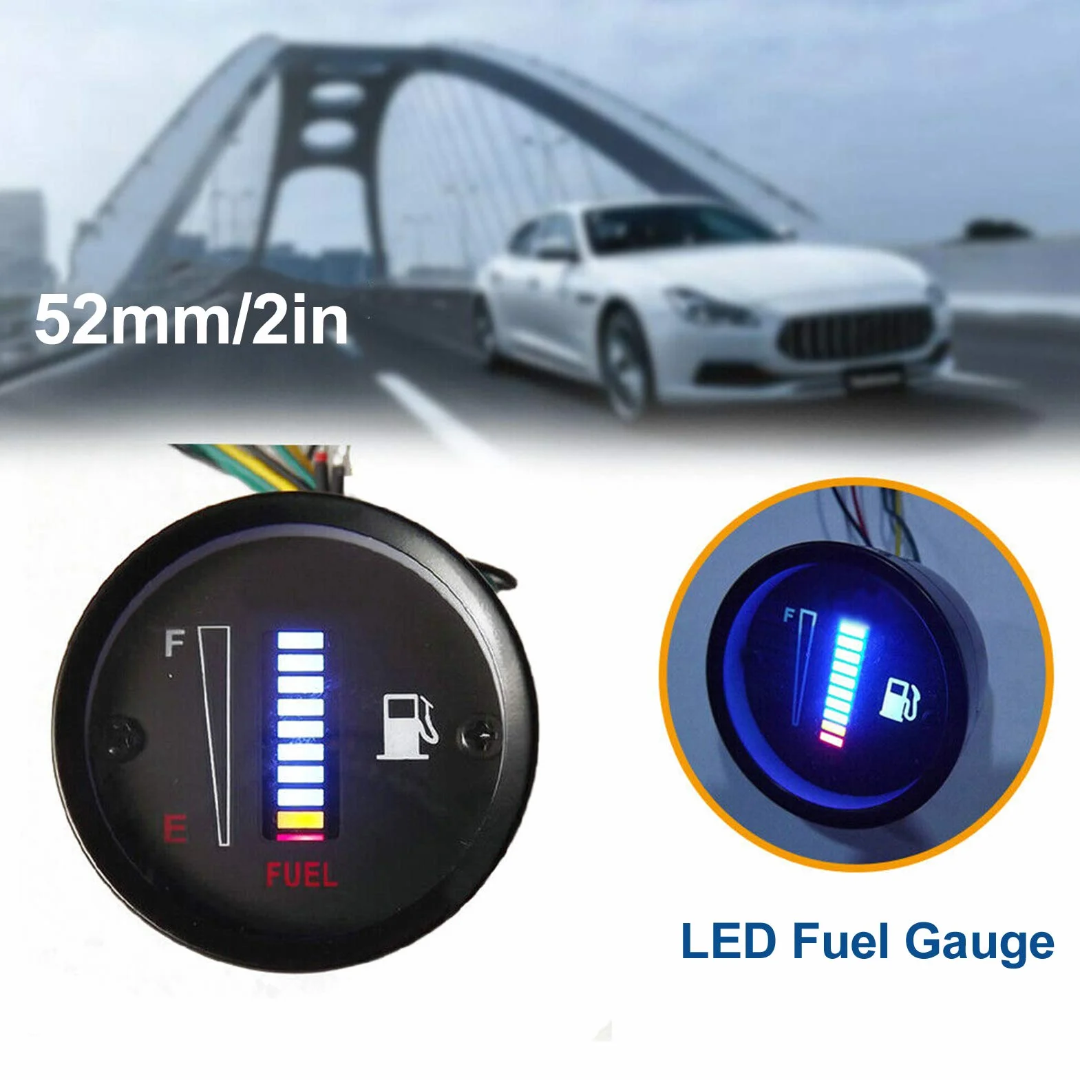 Indicador de Nivel de Combustible, Indicador de Indicador de Combustible LED de 52 Mm de Diámetro, Resistencia Ajustable de 12 V, Medidor de Nivel de Combustible Digital Universal