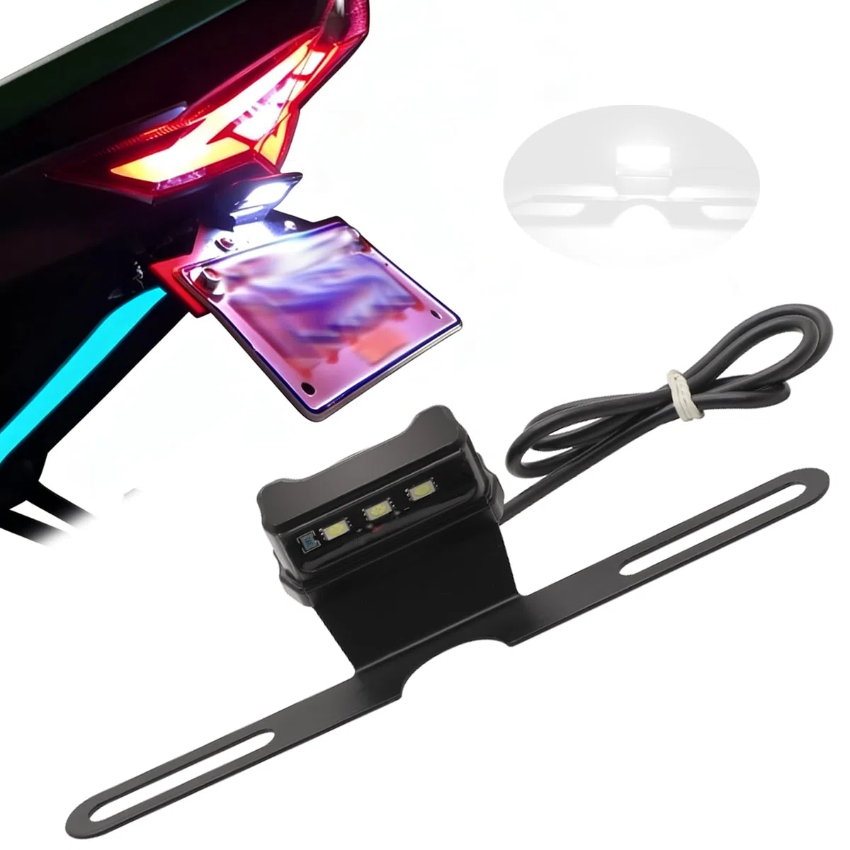 universal luz trasera moto con soporte LED Luz de Freno de Matrícula Lámpara de Roja Homologados compatible con ATV, cruiser, chopper, etc