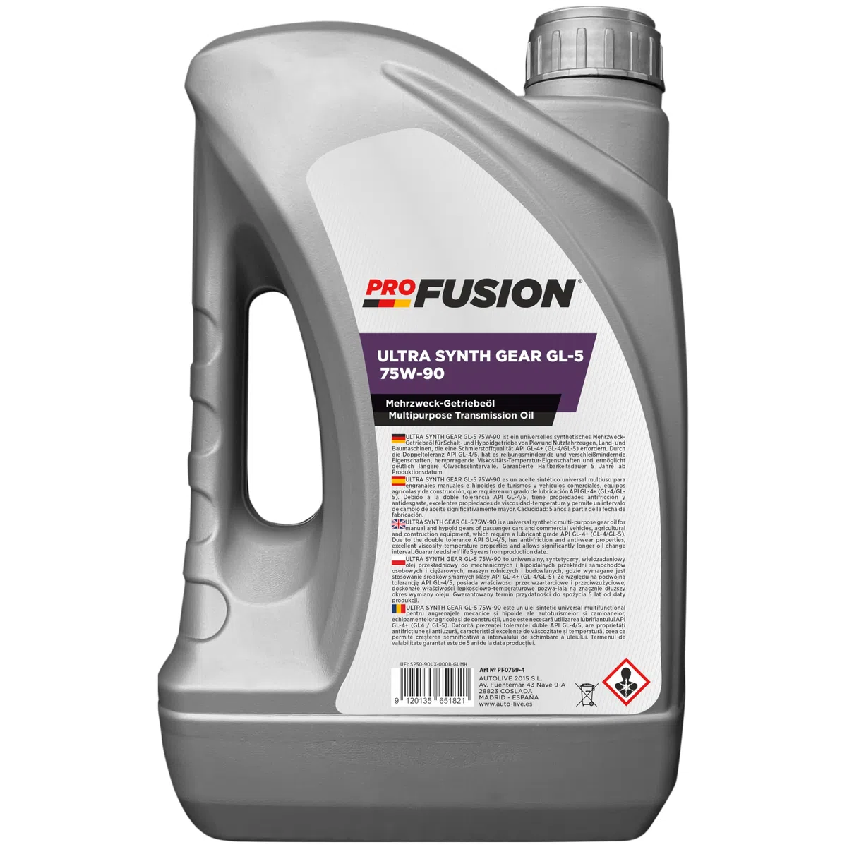 ProFusion 75W-90 4L Ultra Synth Gear GL-5 – Aceite de Transmisión Sintético para Cajas Manuales, Diferenciales y Engranajes Hipoides – API GL-4/GL-5, MB 235.0, ZF TE-ML