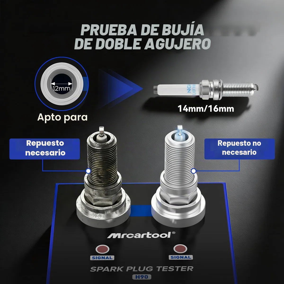 MRCARTOOL Comprobador de bujías 500~9000rpm Analizador de Encendido con Toma de Doble Orificio Ajustable 220V Comprobador Largo para Vehículos 12V 24V