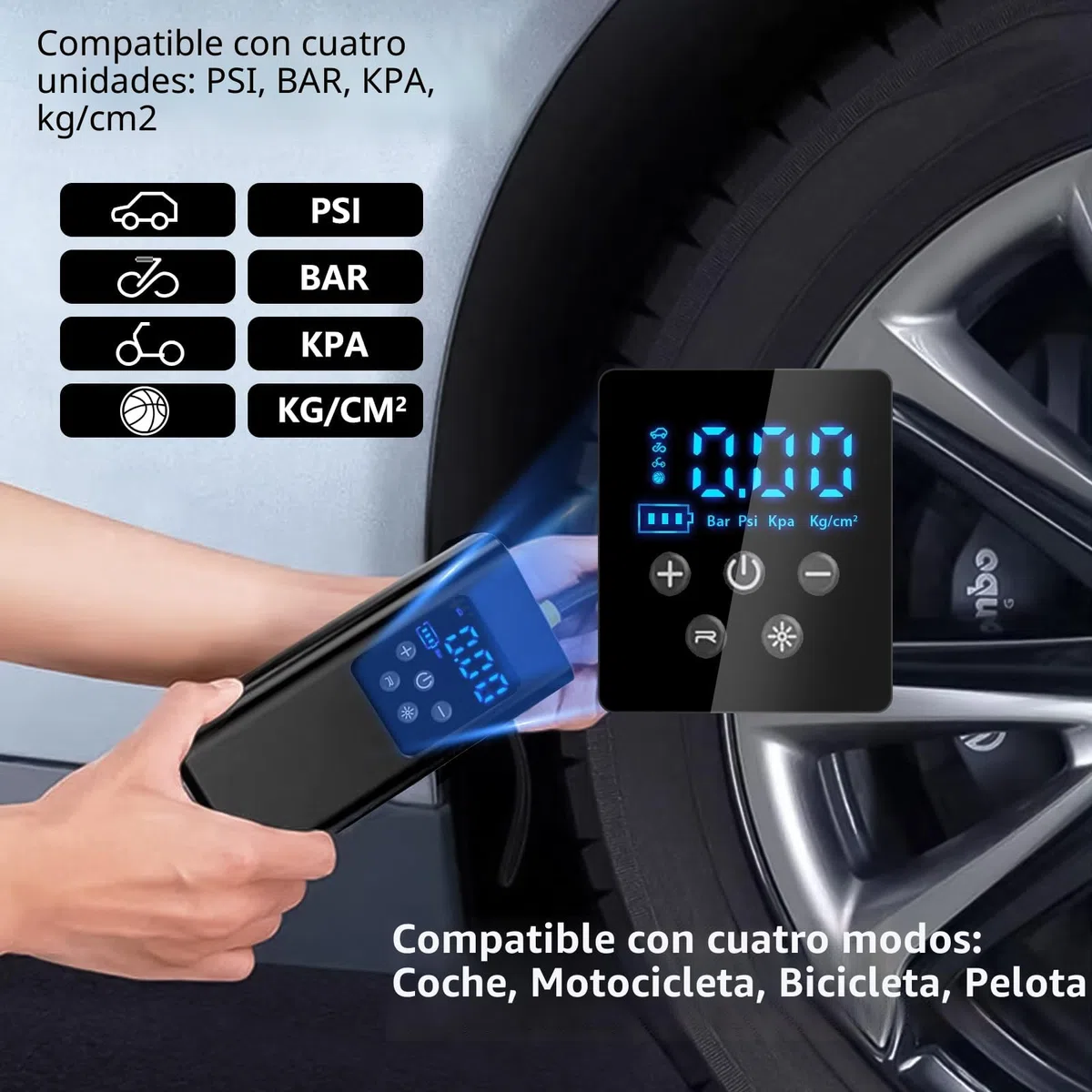 150PSI Compresor Aire Portatil, 6000mAh Inflador Ruedas Coche con 4 Boquillas, Linterna LED y Sensor de Presión para Coches, Motos, Bicicleta, Pelotas