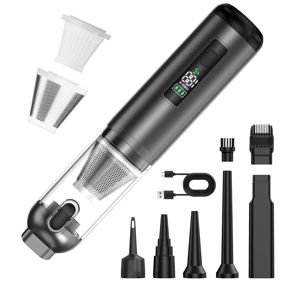 Journeyside Aspiradora de Mano para Coche, Aspiradora de Mano Inalámbrica16,000 PA, Aspiradora de Mano 2 en 1 Pantalla LED, 3 Niveles de Succión para Limpiar Rincones y Pequeños Residuos