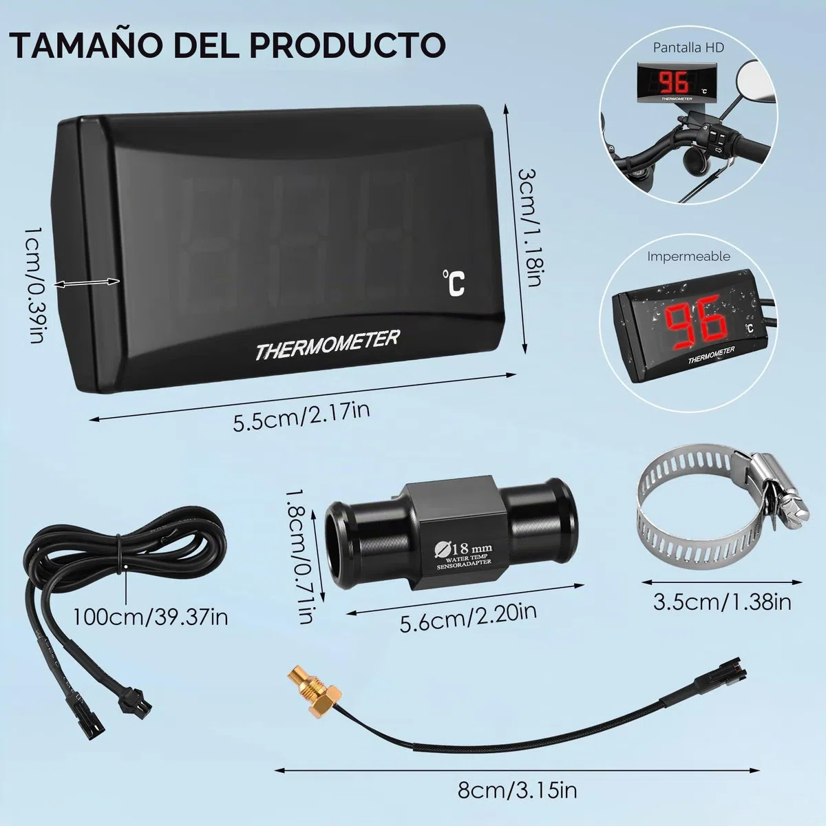 Instrumentos del termómetro de motocicleta, Termómetro digital para motocicletas, termómetro digital sensor de temperatura del sensor de metal impermeable para motocicleta (18 mm)