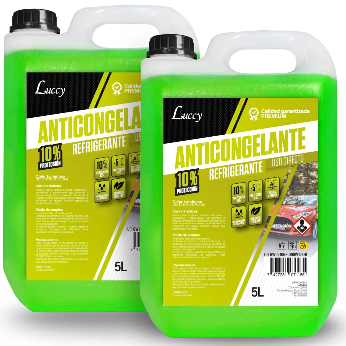 LUCCY Anticongelante Coche 10% Protección -5ºC Verde - 10 Litros - Fórmula Mejorada - Líquido Refrigerante Profesional para Vehículos Fórmula Orgánica Long Life