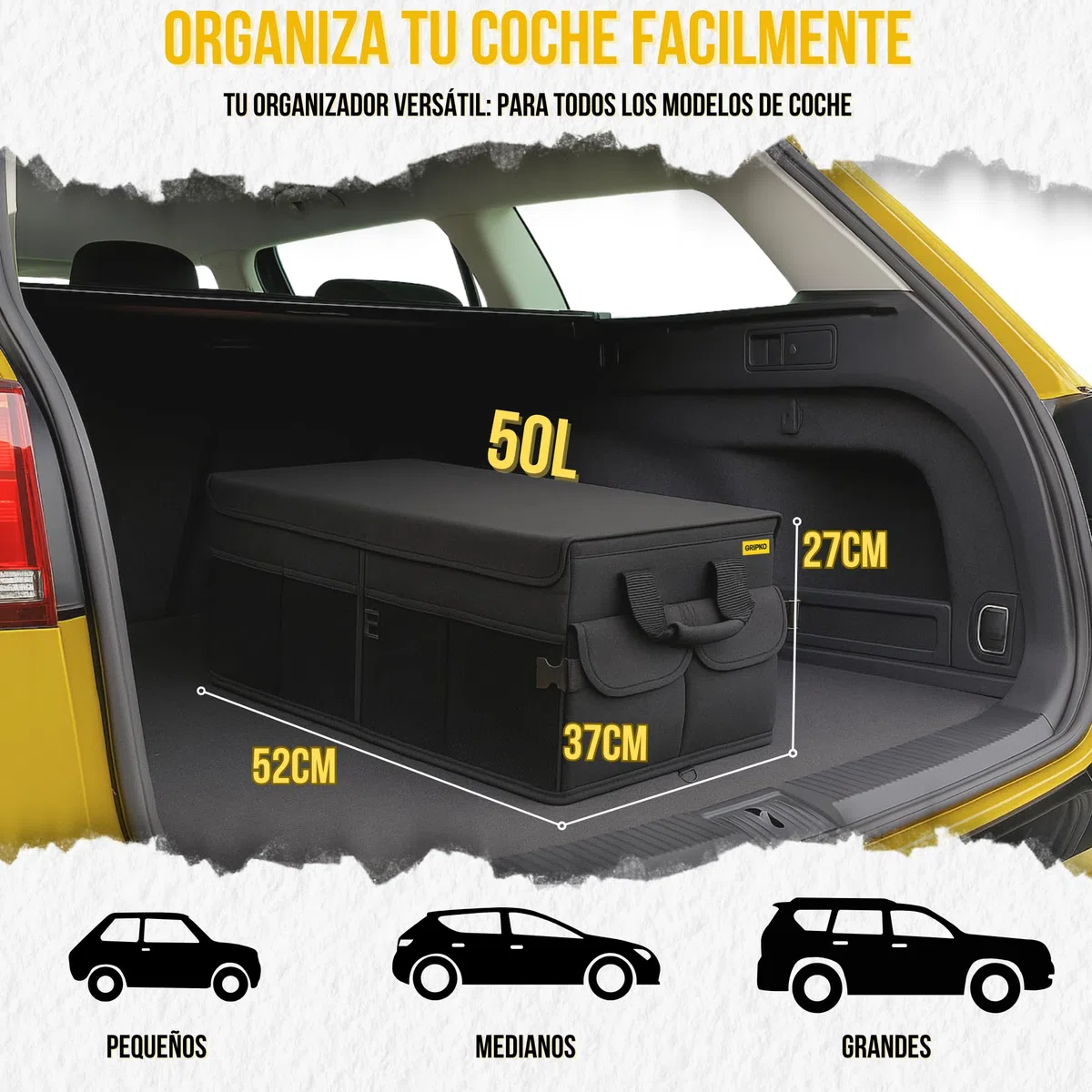 Organizador Maletero Coche 50L - Bolsa Maletero coche Plegable con Bolsillos, Base Doble y Paredes Reforzadas - Versátil y Seguro - Base Antideslizante - Cinchas Ajustables - Tapa Extraíble