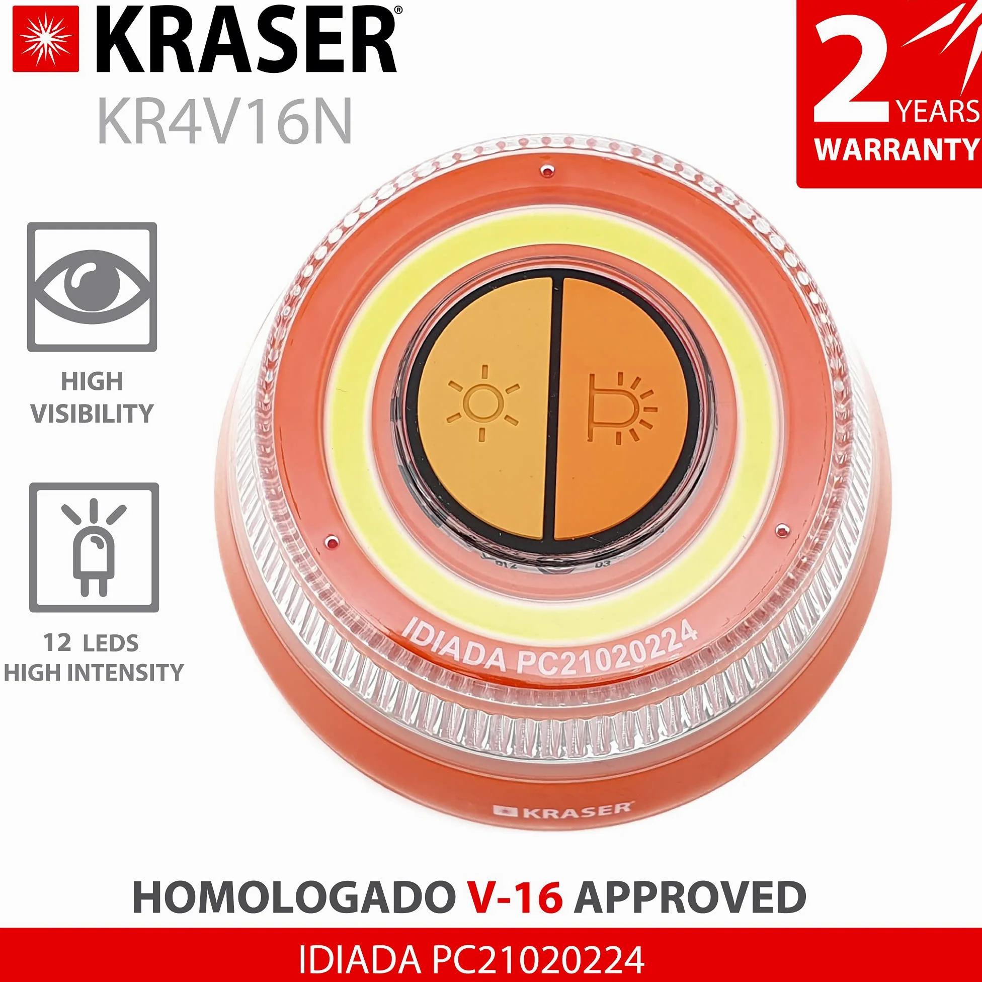 KRASER KR4V16NP2 Pack 2 Luz Carretera Naranja, Holomogada DGT LED Intensidad, Baliza Luminosa de Emergencia Imantada, Autónoma, Pilas Incluídas, Compacta Linterna con Colgador