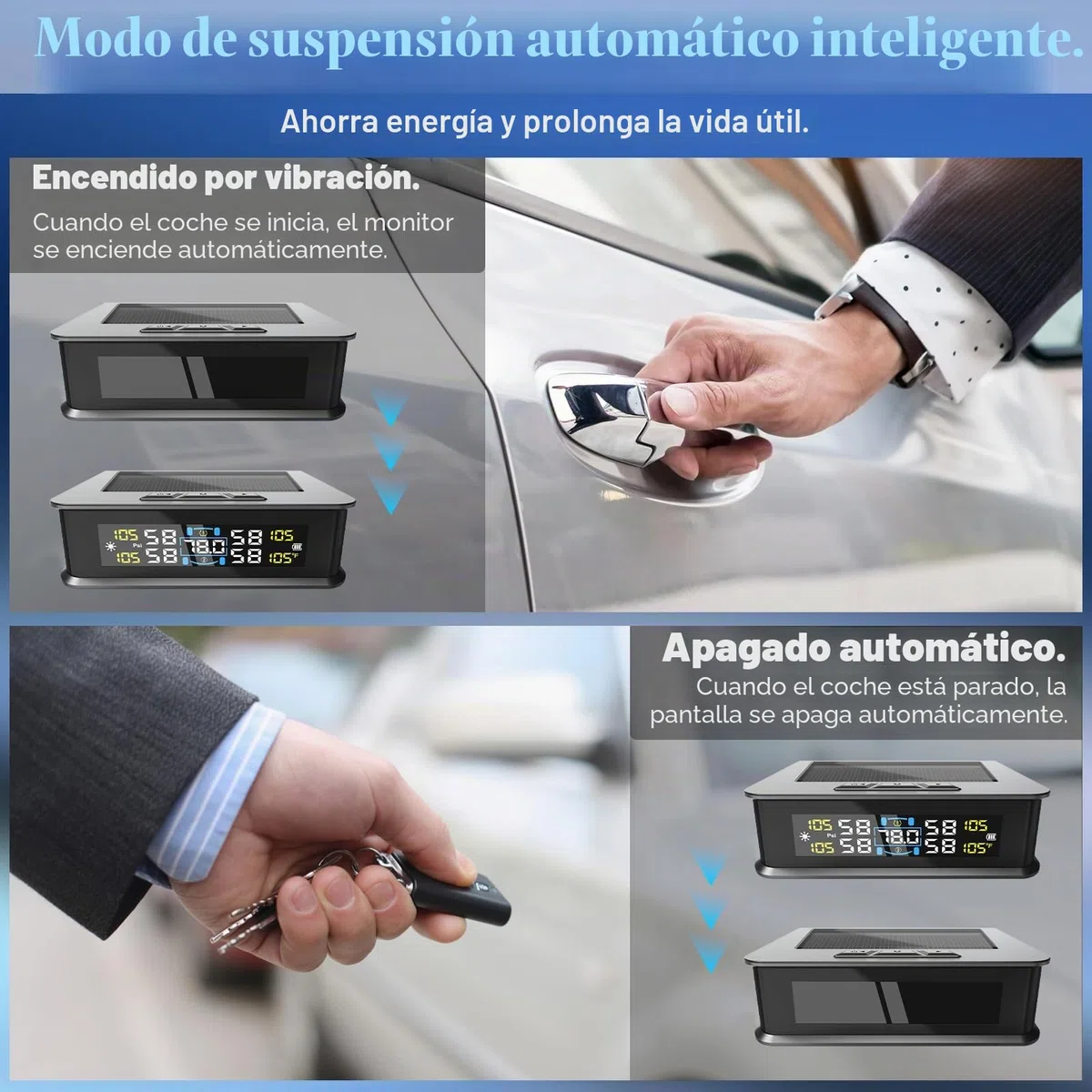 Sistema de Monitorización de Presión de Neumáticos TPMS, Solar Inalámbrico y Carga USB, Monitor de Presión de Neumáticos, 5 Modos de Alarma, 4 Sensores Externos, Rango 0-5 Bar, Ajuste