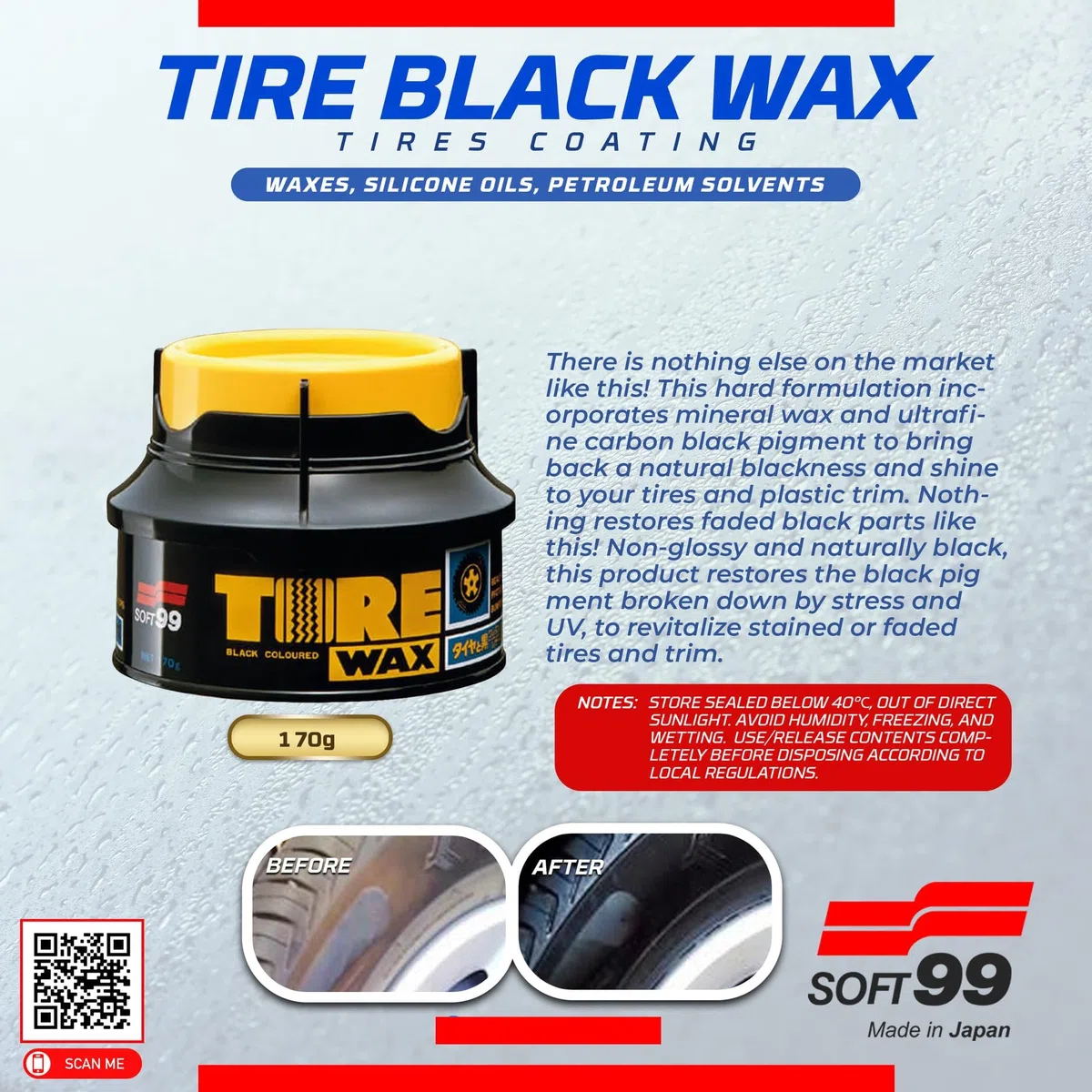 SOFT99 Tire Black Wax 170 g - Apósito mate para neumáticos de coche, mejora la negrura y el brillo de los neumáticos, deja un acabado natural, protección contra la suciedad, la humedad y los rayos UV,
