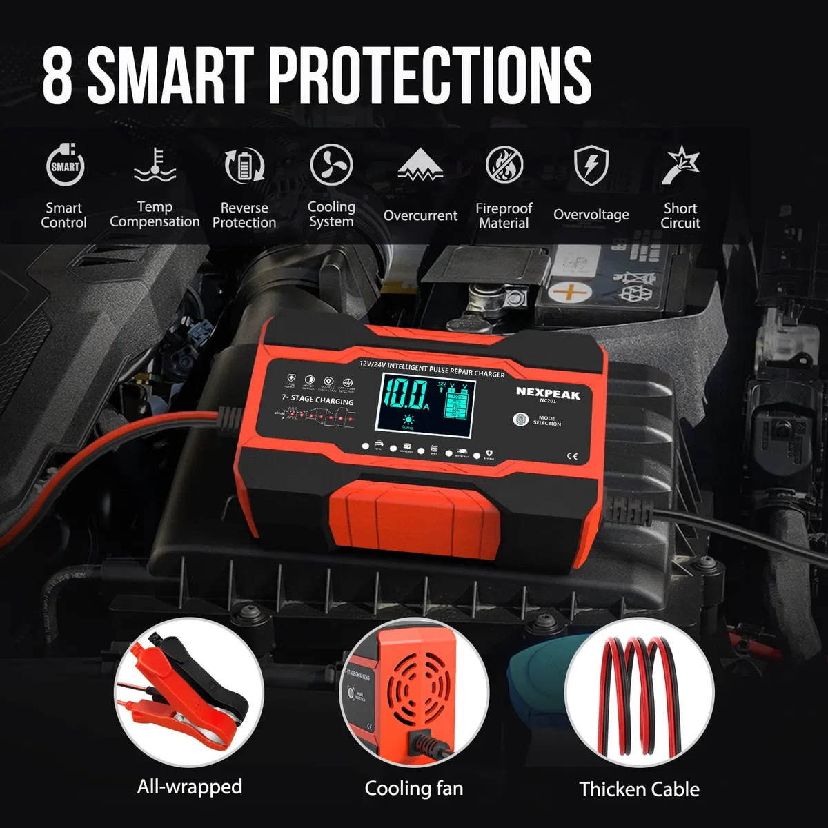 Cargador de batería Inteligente de 10A, Carga de batería de Coche, Cargador de batería portátil con Pantalla LCD Coche, Motocicleta, camión, AGM, Gel, Mojado, SLA (Rojo Intenso)