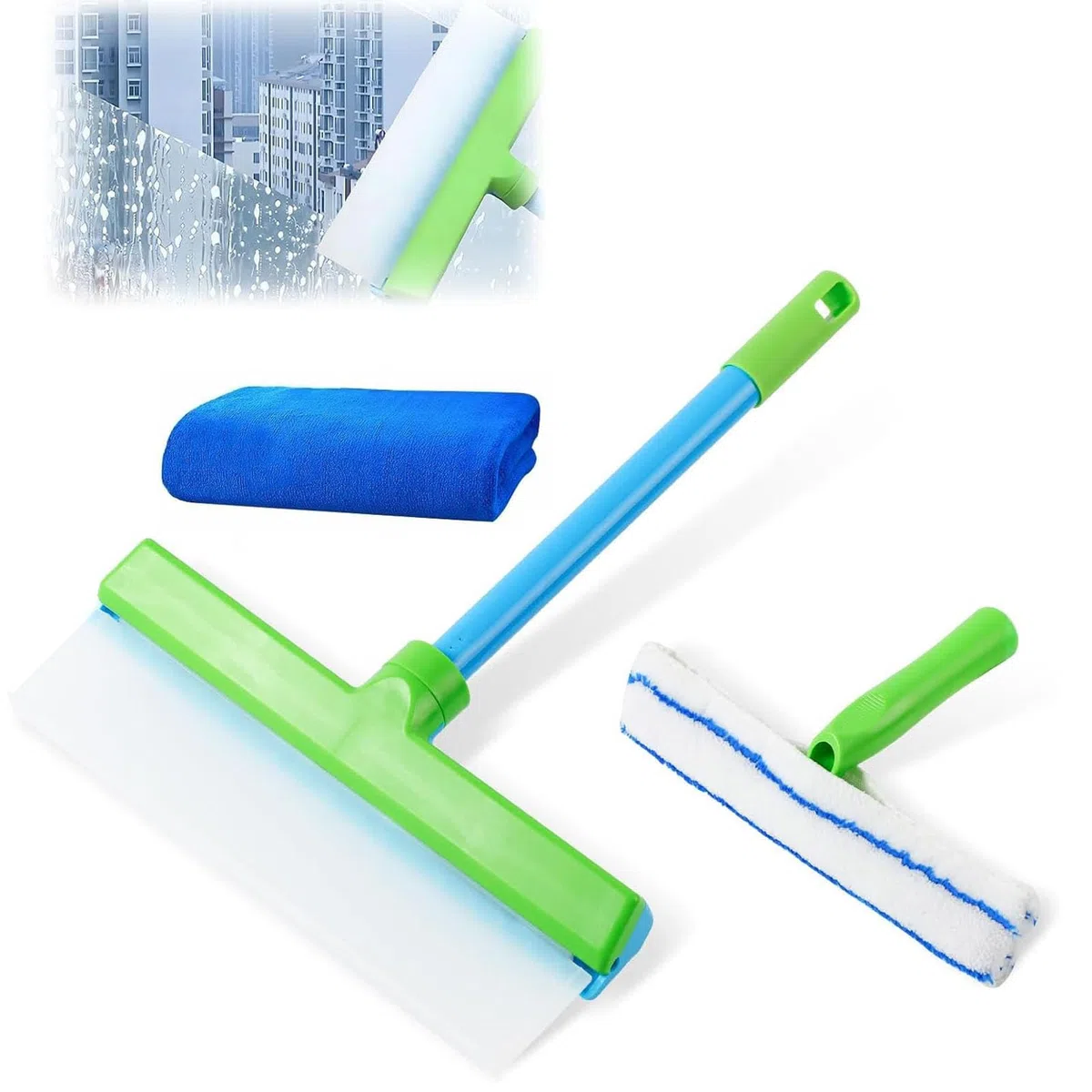 Aqua Blade - Limpiador de ventanas 3 en 1, raspador de limpieza de ventanas con escobilla de silicona giratoria y limpiador de microfibra, escobilla de ventana Aquablade para ducha, espejo de vidrio
