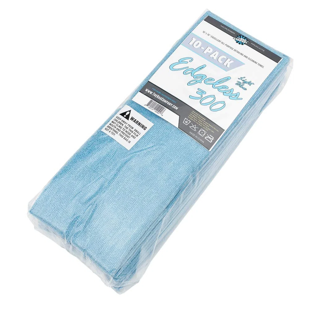 The Rag Company Paquete de 10 Toallas de Rizo de Microfibra sin Bordes 300 de 16 x 16 Pulgadas, Color Azul Claro