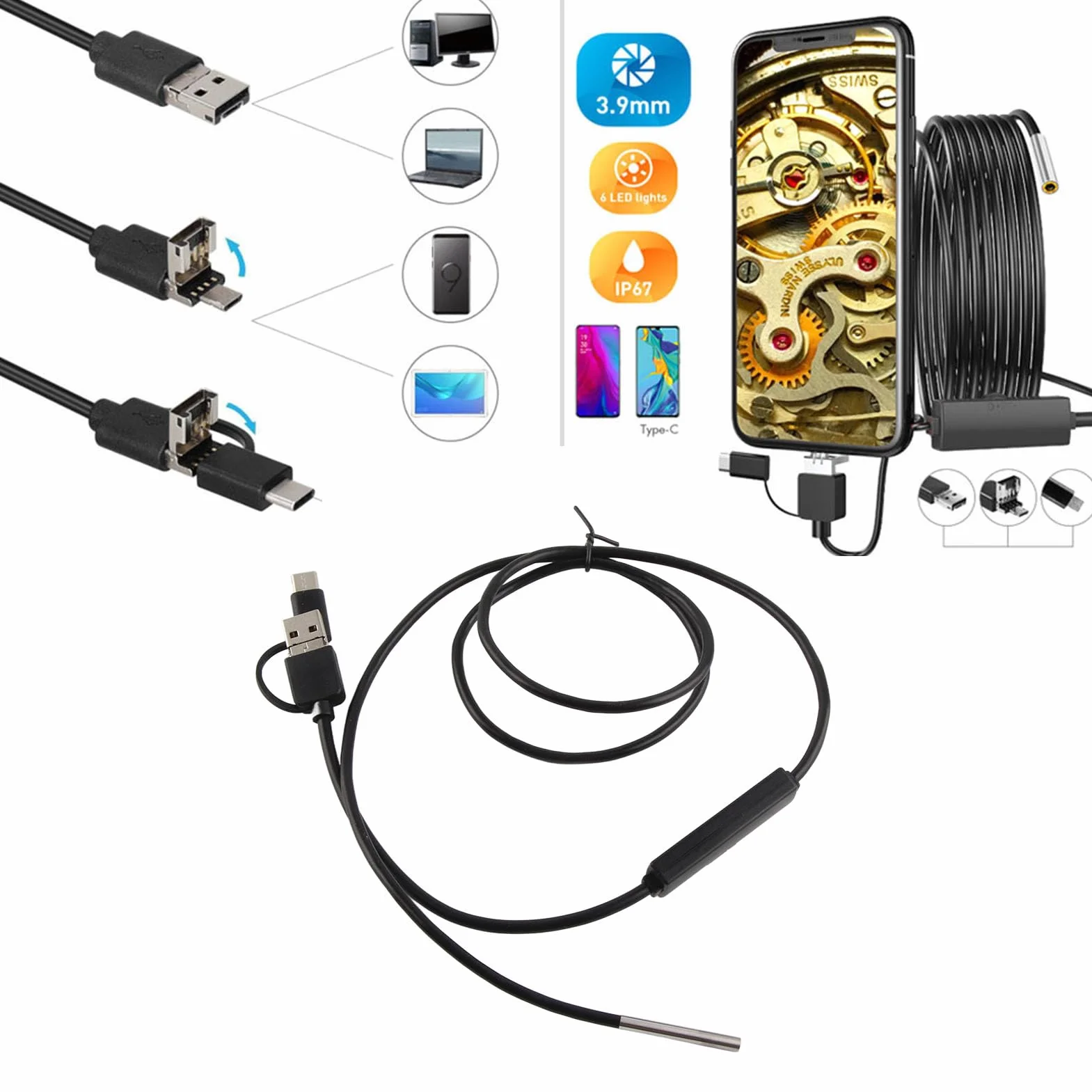 Cámara Endoscópica 3 en 1, Lente de 3,9mm, Boroscopio Impermeable, Inspección, Cámara de Serpiente, Endoscopio para Teléfono Móvil Android TypeC (Alambre Suave de 1 Metro)