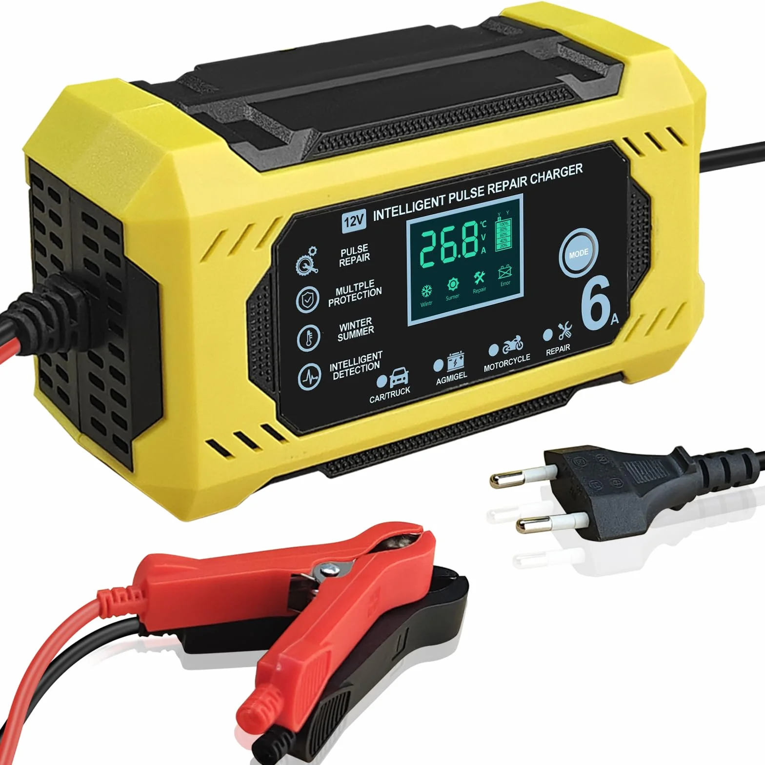 Cargador Baterias Coches Moto 12V 6A Inteligente Completamente Automático con Pantalla Táctil LCD,Automática de Detección Reparación Mantenimiento y Múltiples Protecciones para Plomo-ácido/AGM/Gel