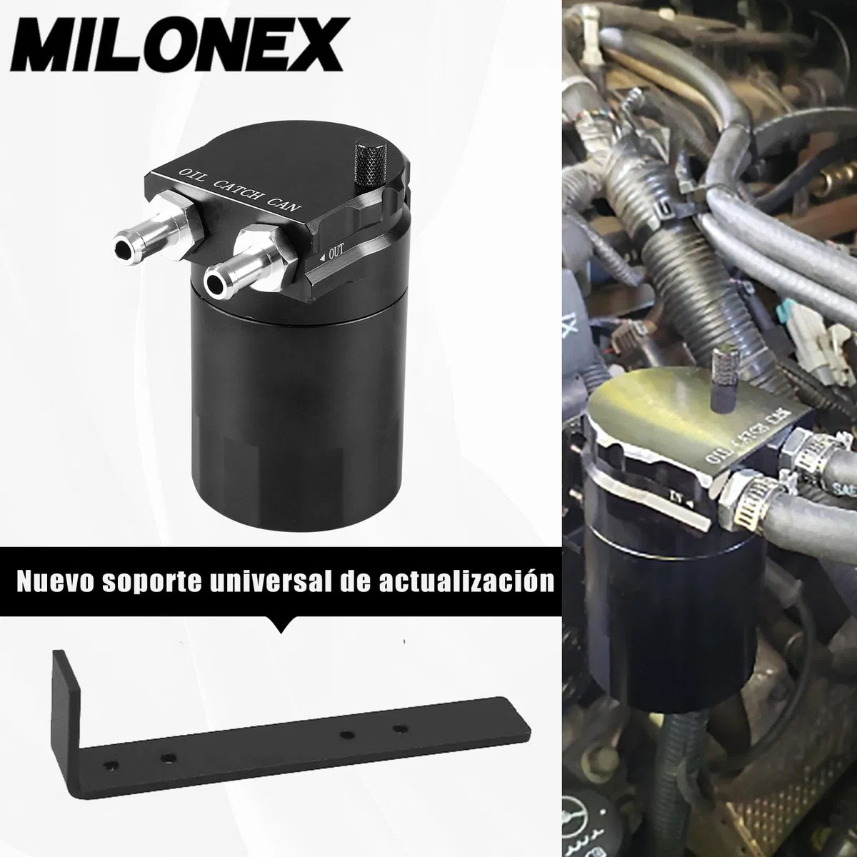 Kit de Captura de Aceite Universal, Depósito Negro de 300ml con Filtro, Manguera Trenzada y Accesorios de Instalación (024c-bk)