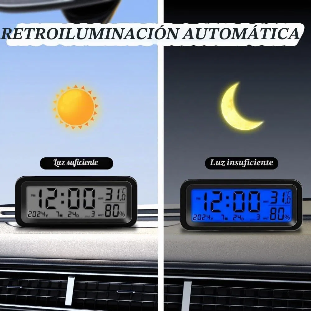 Reloj de Tablero de Automóvil, 3 en 1 Reloj Coche Solar de Automóvil Digital/Termómetro/Higrómetro, Mini Autoadhesivo Reloj Temperatura Coche Salpicadero, para Hogar y Coche