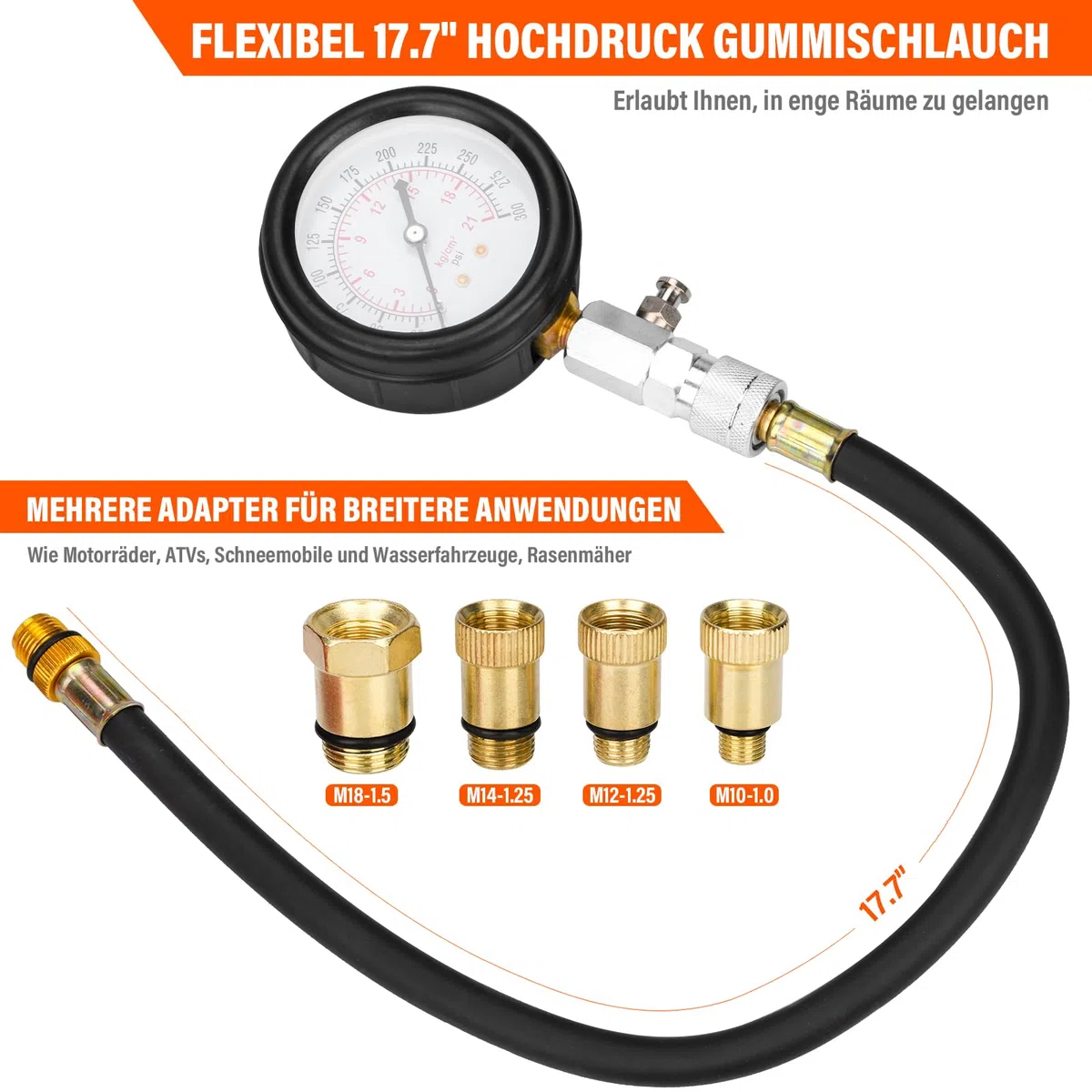Comprobador de Compresión para Motores de Gasolina Compresor Probador 0-20 Bar - 0-300 PSI con Comprobador de Bujías Calibre de Espesores y 4 Adaptación M10 M12 M14 M18