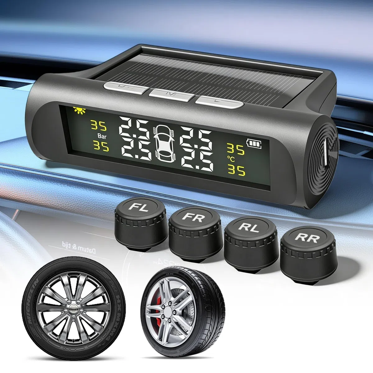 BAIFULAI TPMS Sistema de control de presión de neumáticos: IPX7 resistente al agua, sistema de control de presión de neumáticos con 4 sensores exteriores, digital alimentado por energía solar, mini