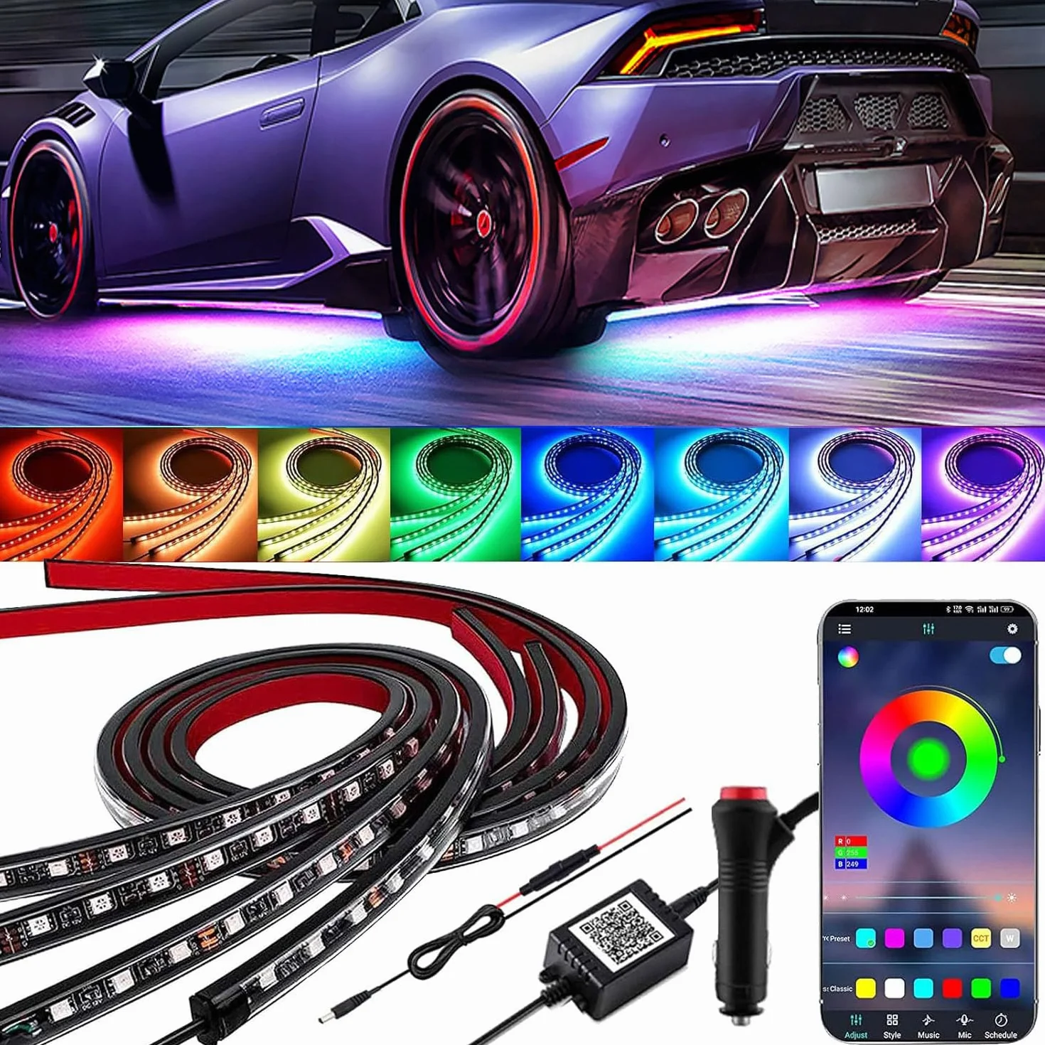 YUGUANG Kit de 4 Luces Underglow para Coche, Control por APP Multicolor Kit de Luces Underglow Sincronización Musical Tiras de Luz RGB Underbody Impermeables para Coches Camiones SUVs.