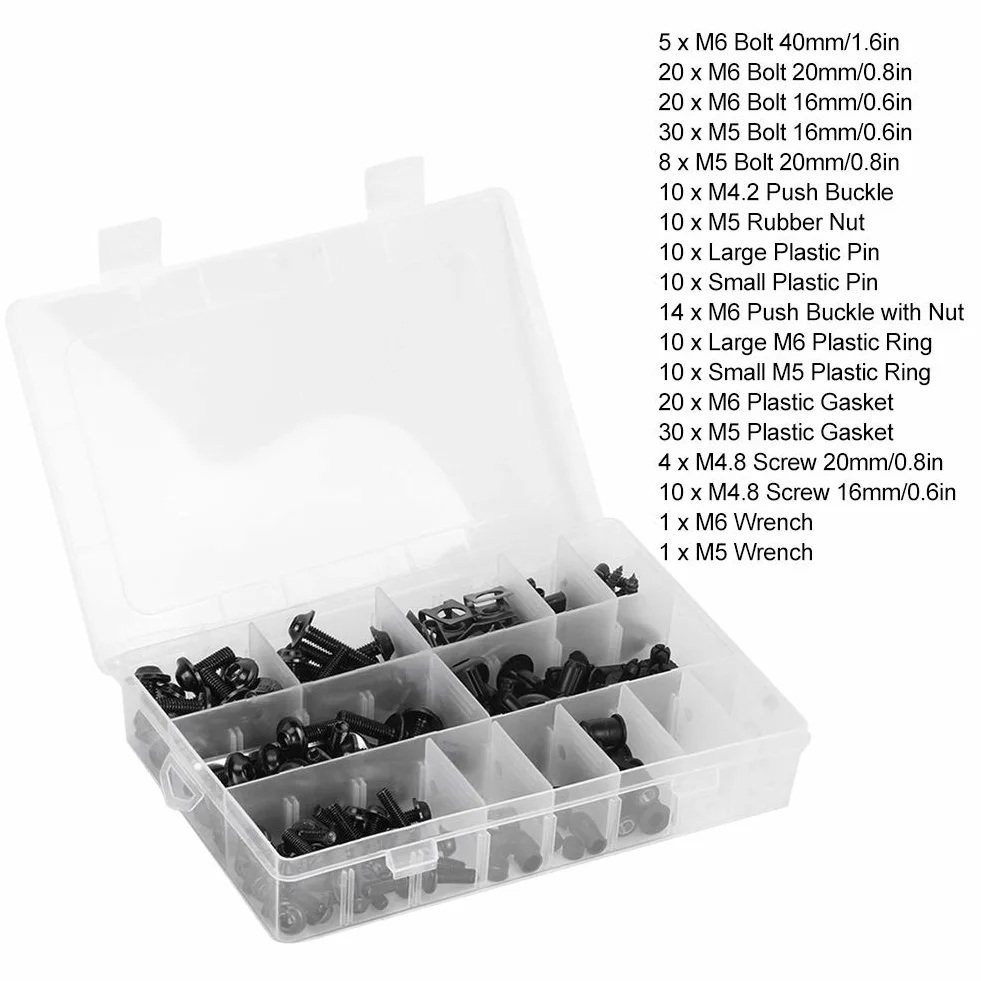 Kit de Pernos de Carenado de Motocicleta Universal de 223 Piezas, Sujetadores de Tornillos de Parabrisas de Motocicleta M5 M6, Kit de Surtido de Tornillos de Arandelas y Tuercas(Black)